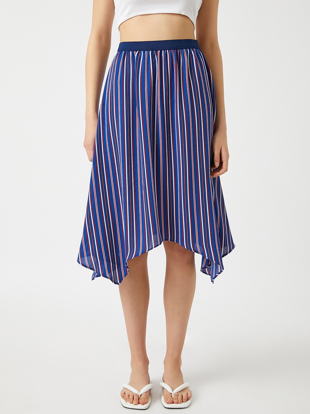 

Koton Women Blue & White Striped Asymmetric Hem Midi Skirt