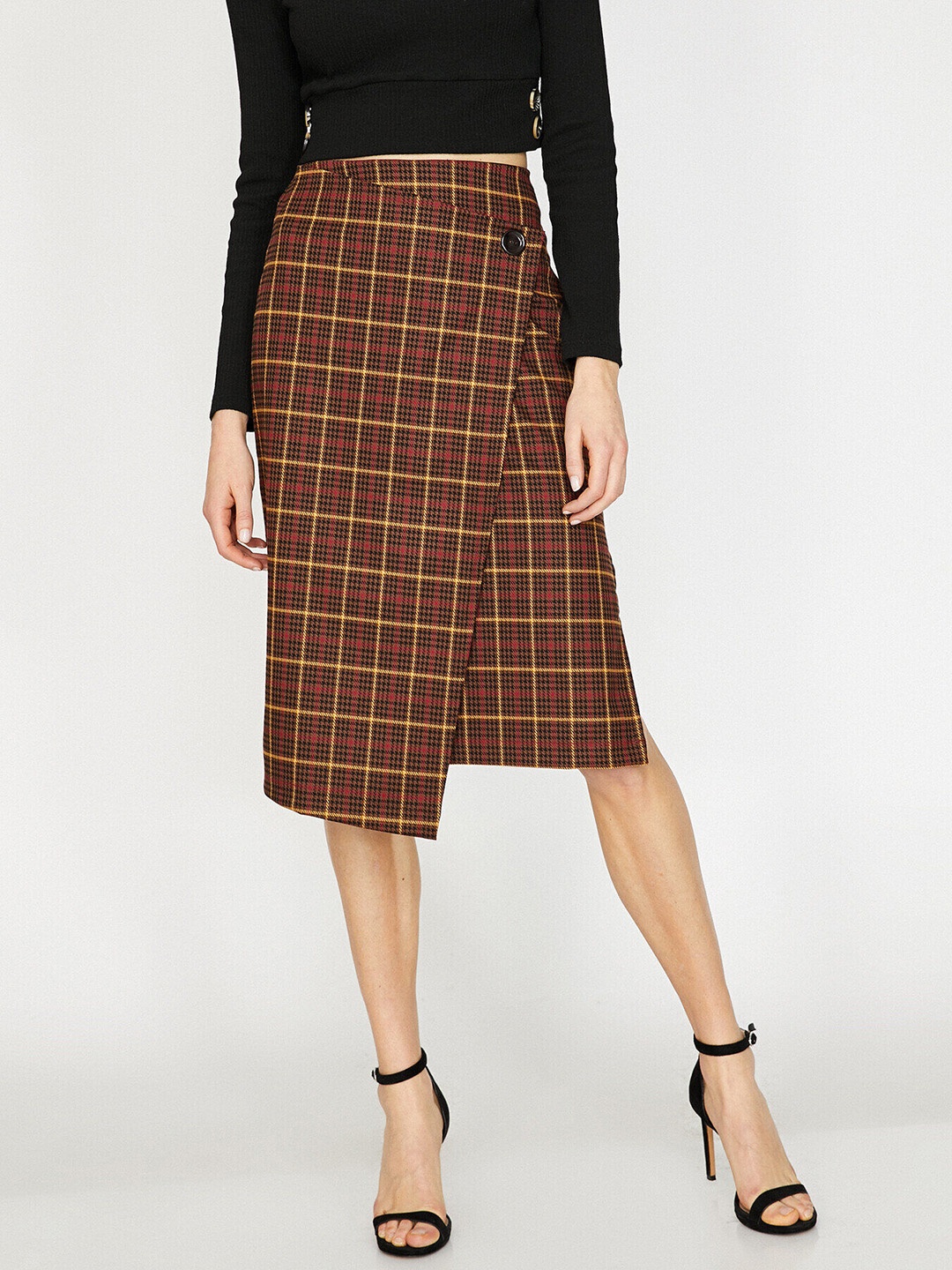 

Koton Brown & Black Checked Asymmetric Buttoned Slit Skirt
