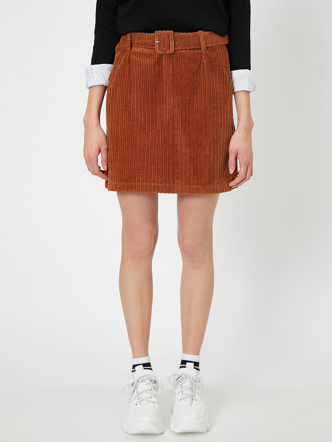 

Koton Women Rust Orange Self-Striped Corduroy Pure Cotton Straight Skirt with Belt