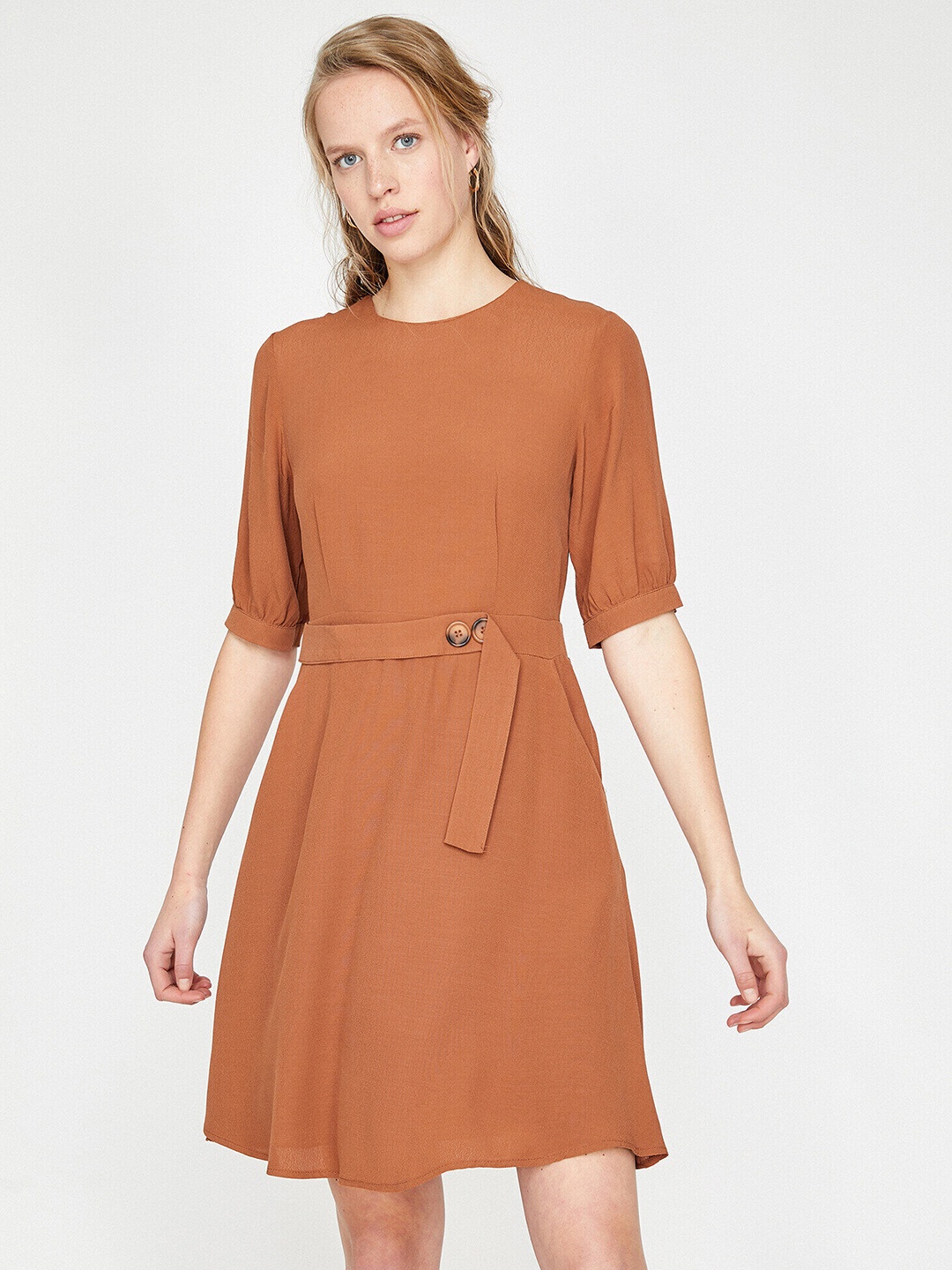 

Koton Rust Orange Solid Belted Fit & Flare Dress