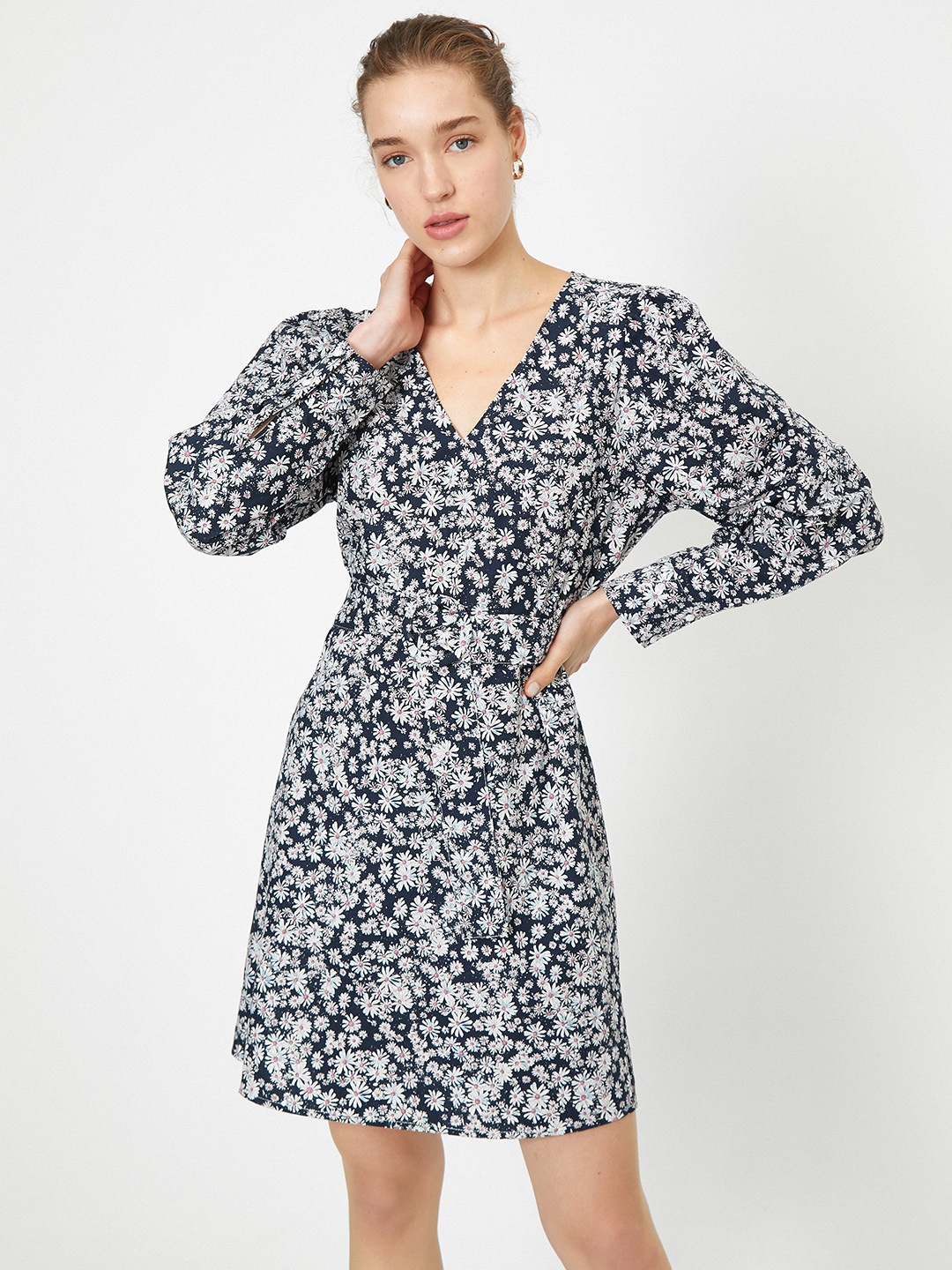 

Koton Navy Blue & White Floral Pure Cotton Wrap Dress with a Belt