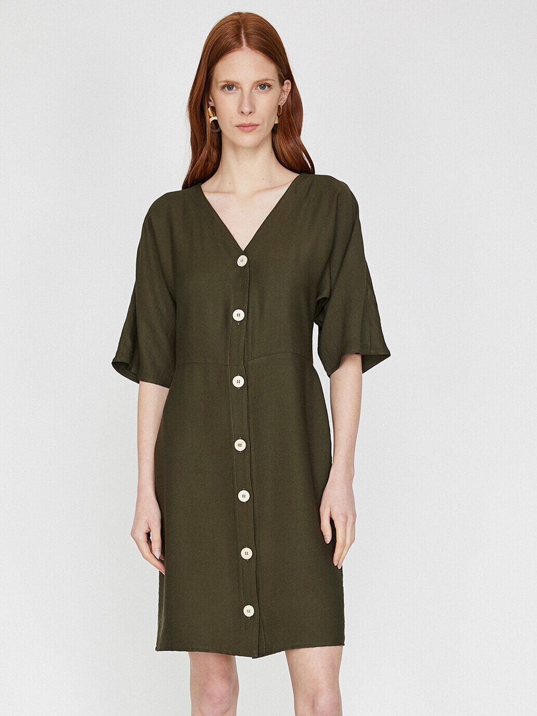 

Koton Women Olive Green Solid V-Neck A-Line Dress