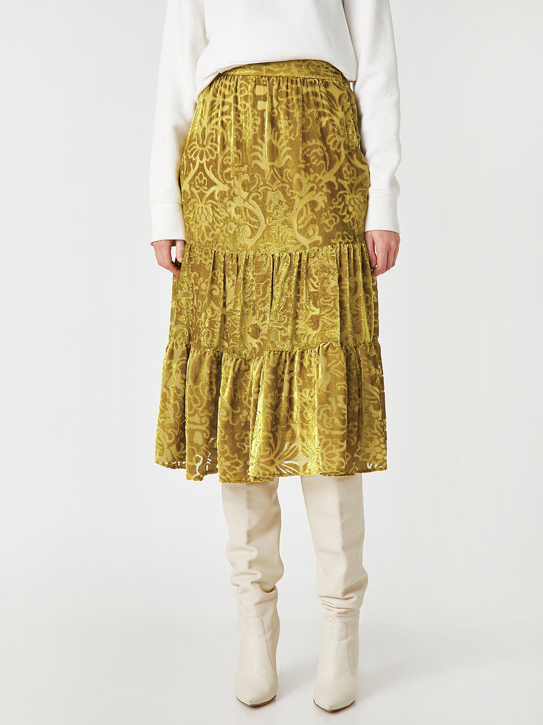 

Koton Women Musturd Yellow Self Design Velvet Tiered Skirt, Mustard