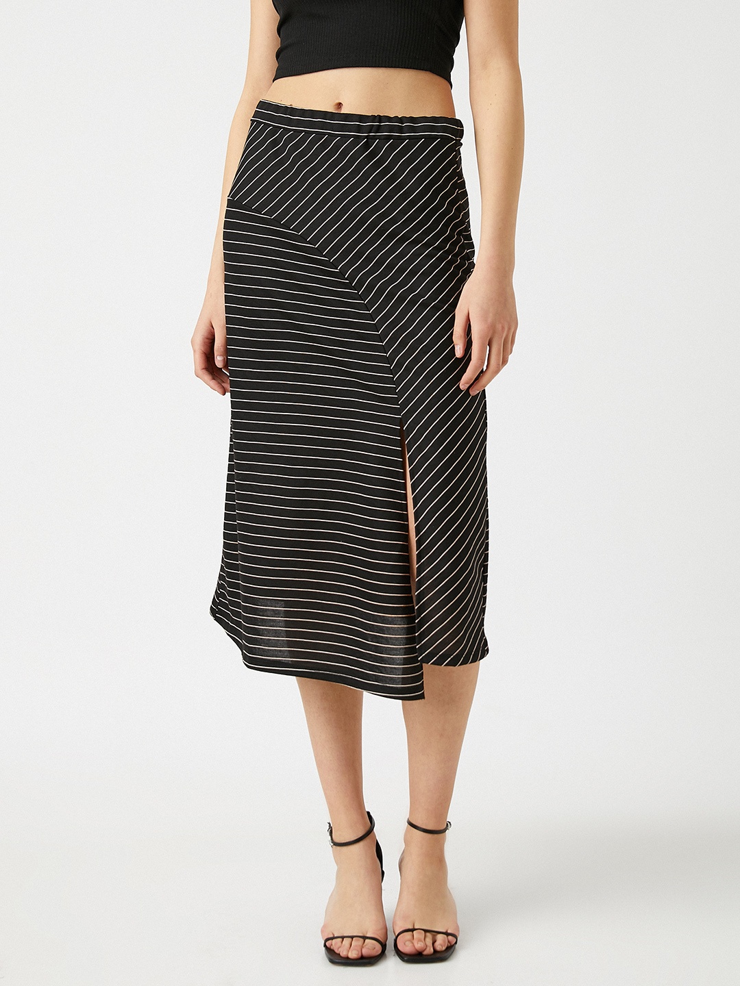 

Koton Women Black & Pink Striped A-Line Midi Skirt