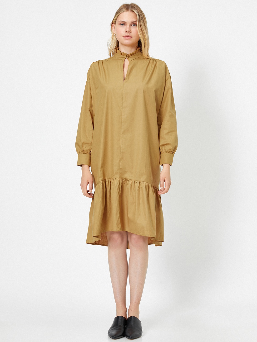 

Koton Women Mustard Brown Solid Pure Cotton A-Line Dress