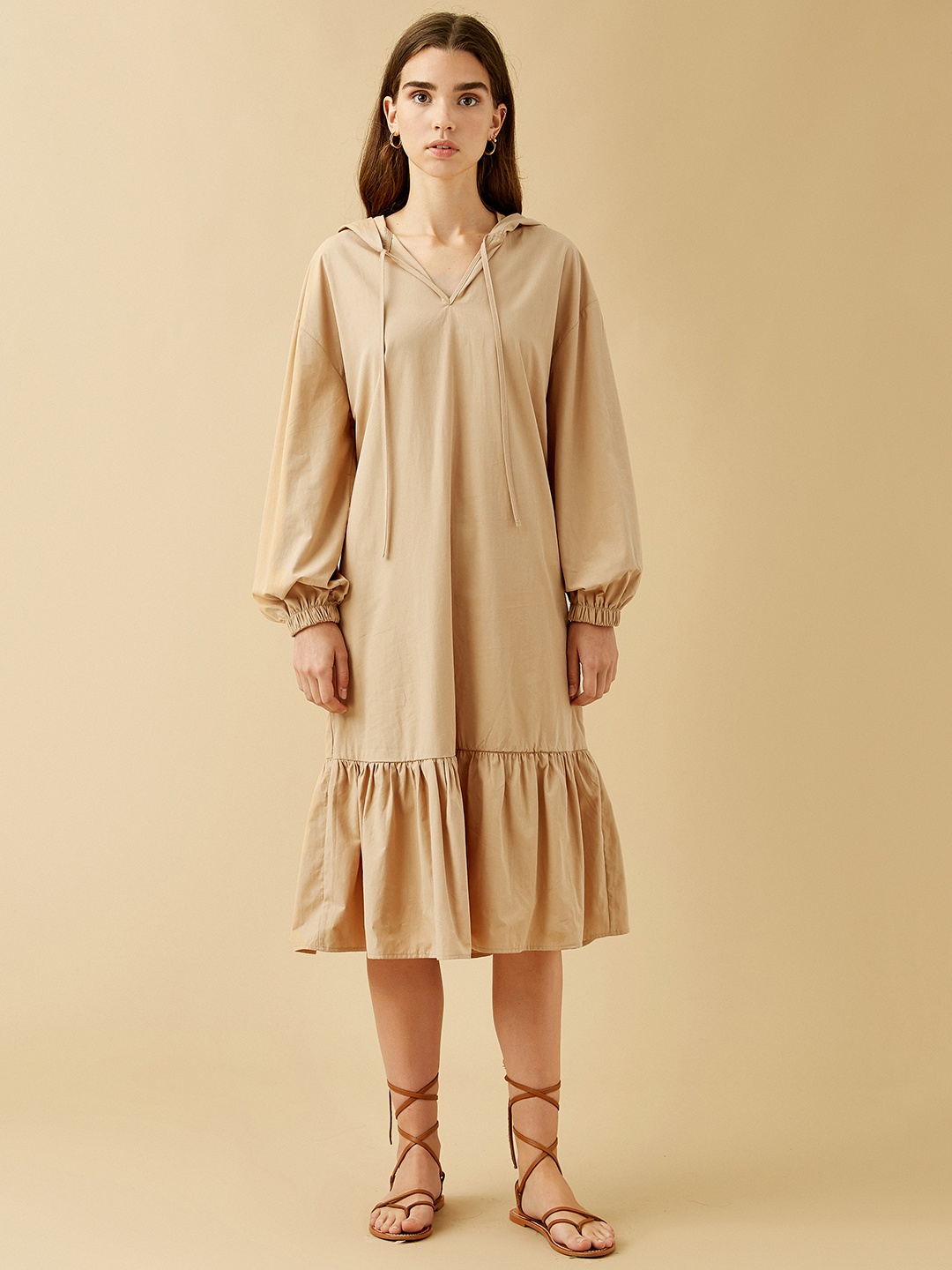

Koton Women Khaki Solid Pure Cotton A-Line Hooded Tiered Dress
