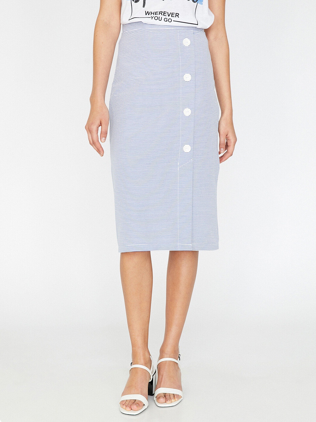 

Koton Women White & Navy Blue Striped Straight Midi Skirt