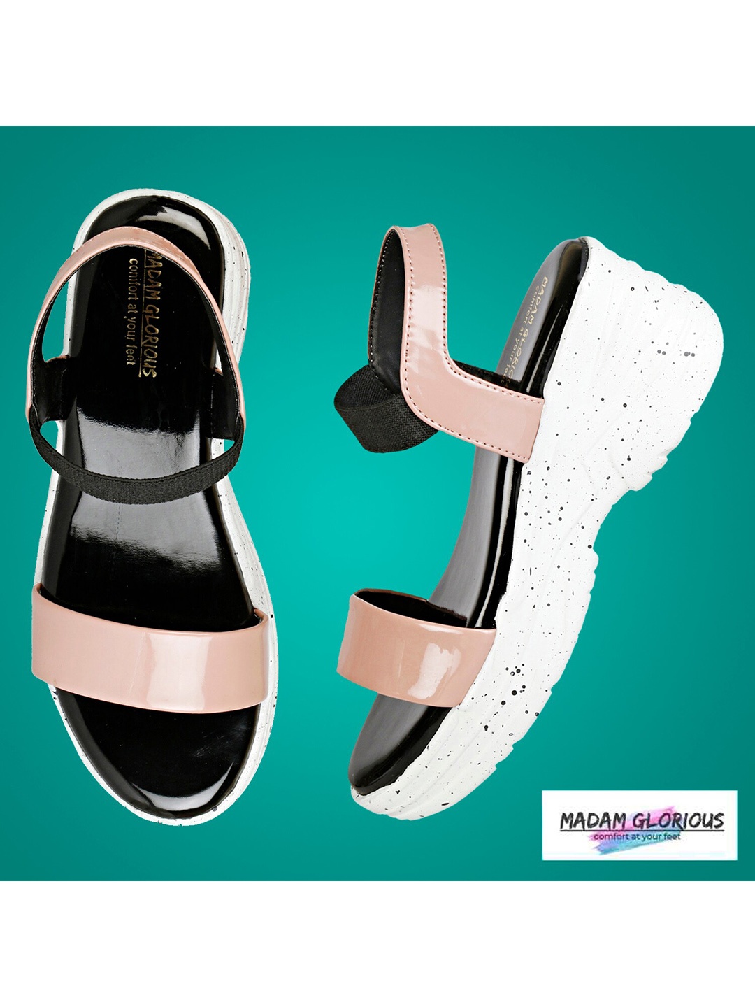 

madam glorious Peach-Coloured & Black Colourblocked Platform Heels