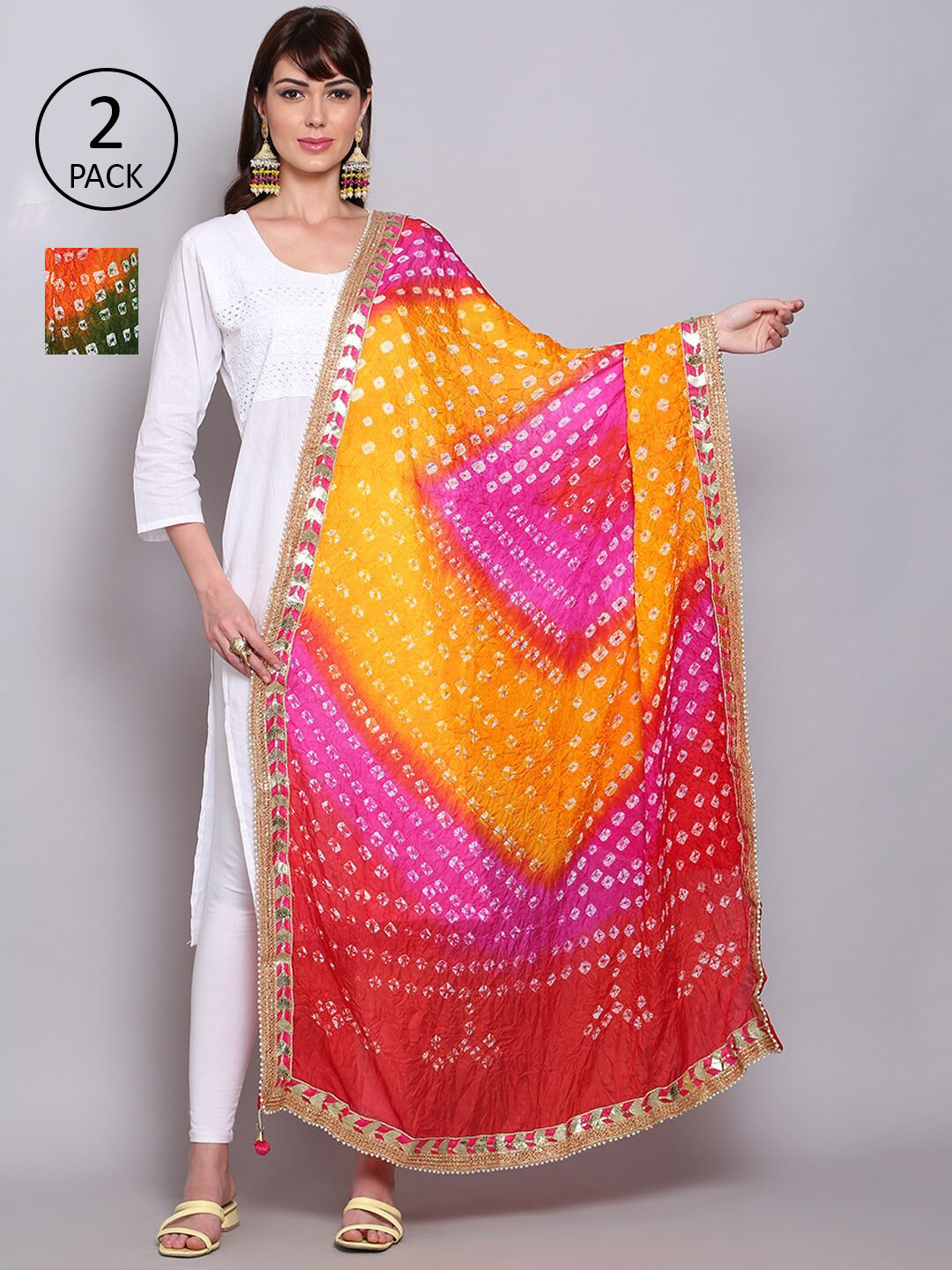 

Miaz Lifestyle Women Green & Red Printed Bandhani Dupatta with Gotta Patti Set Of 2