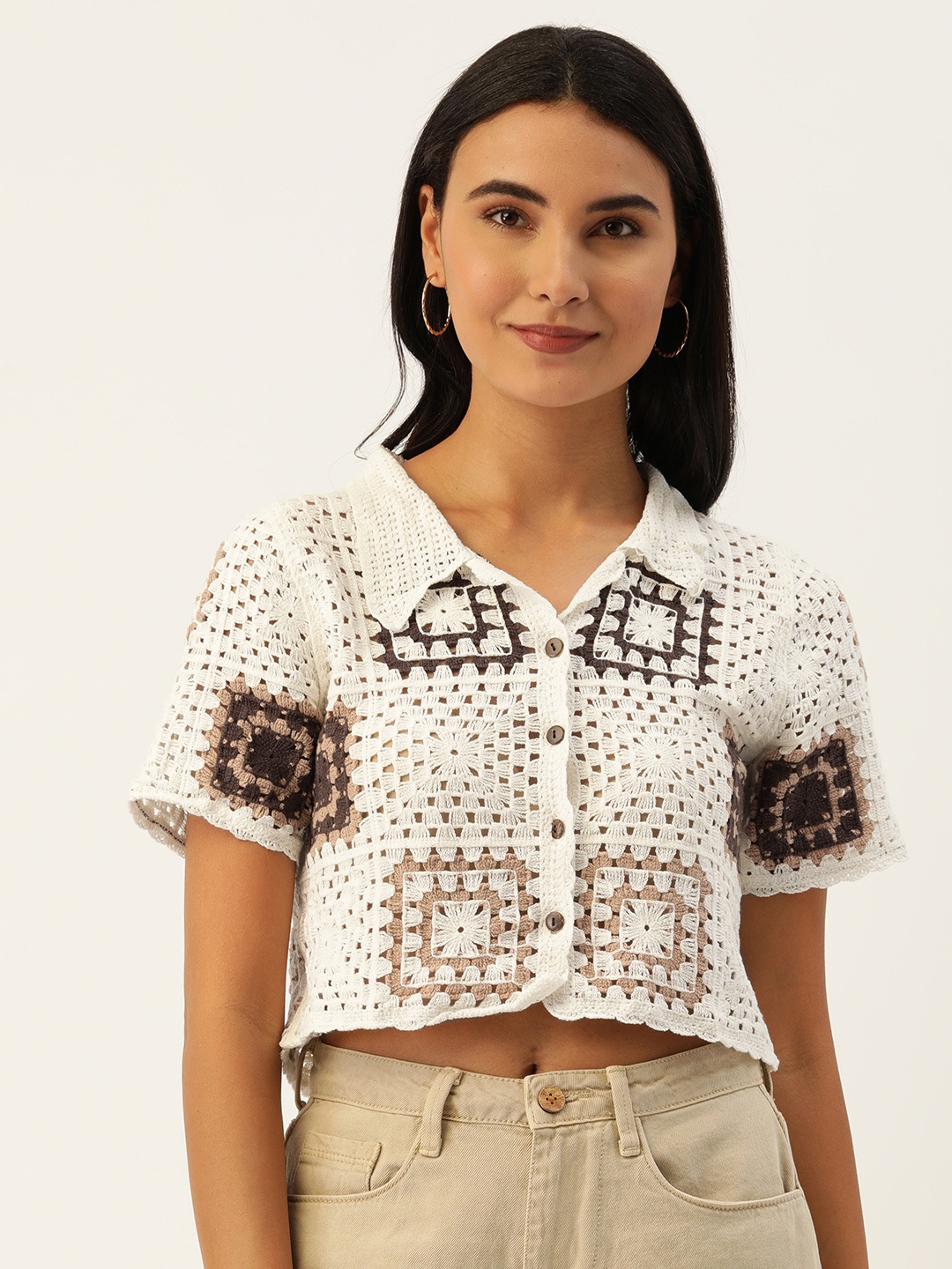 

SHECZZAR Women White & Brown Geometric Knitted Shirt Style Crop Top