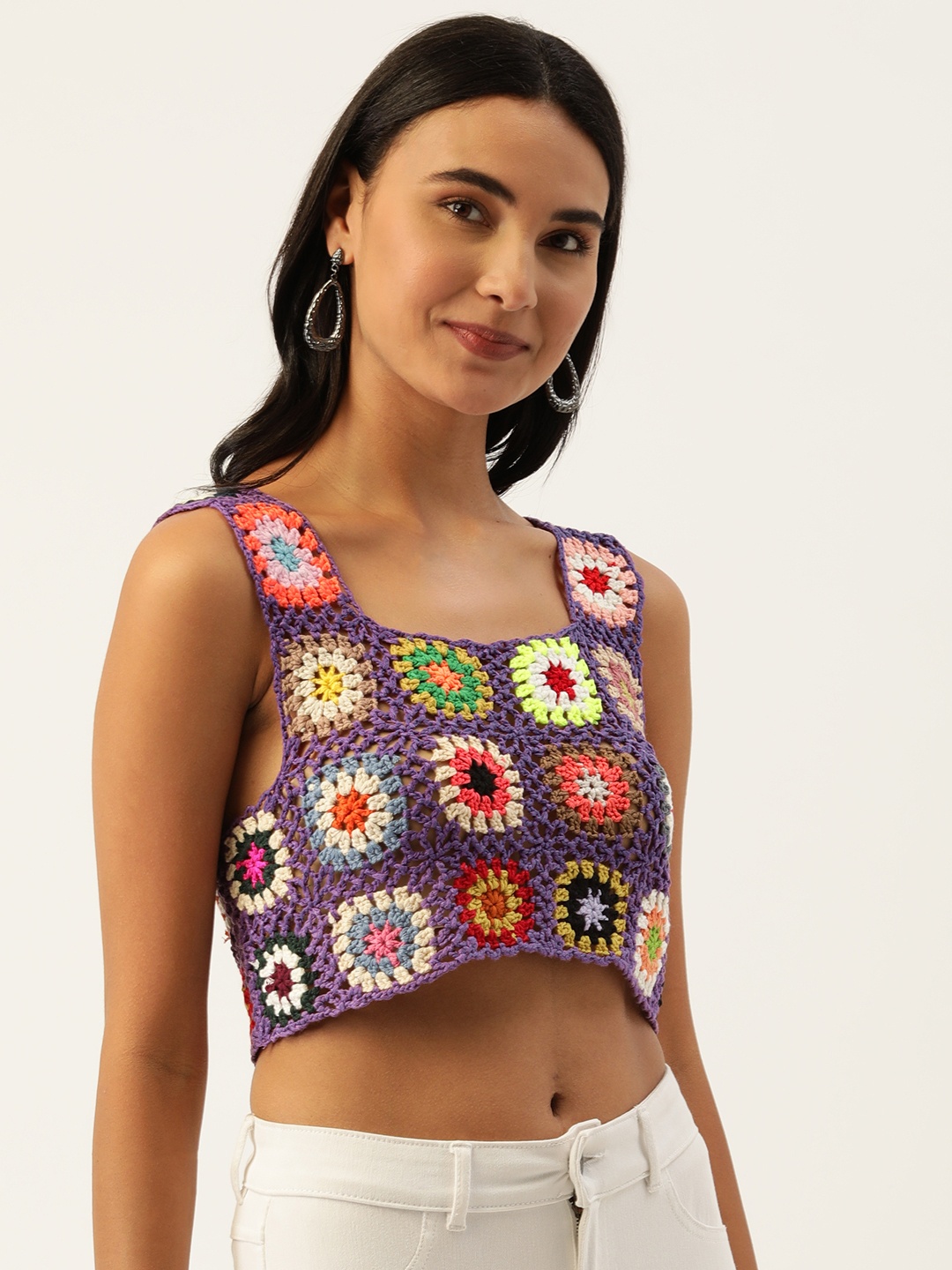 

SHECZZAR Purple & White Geometric Knitted Shirt Style Semi Sheer Crop Top