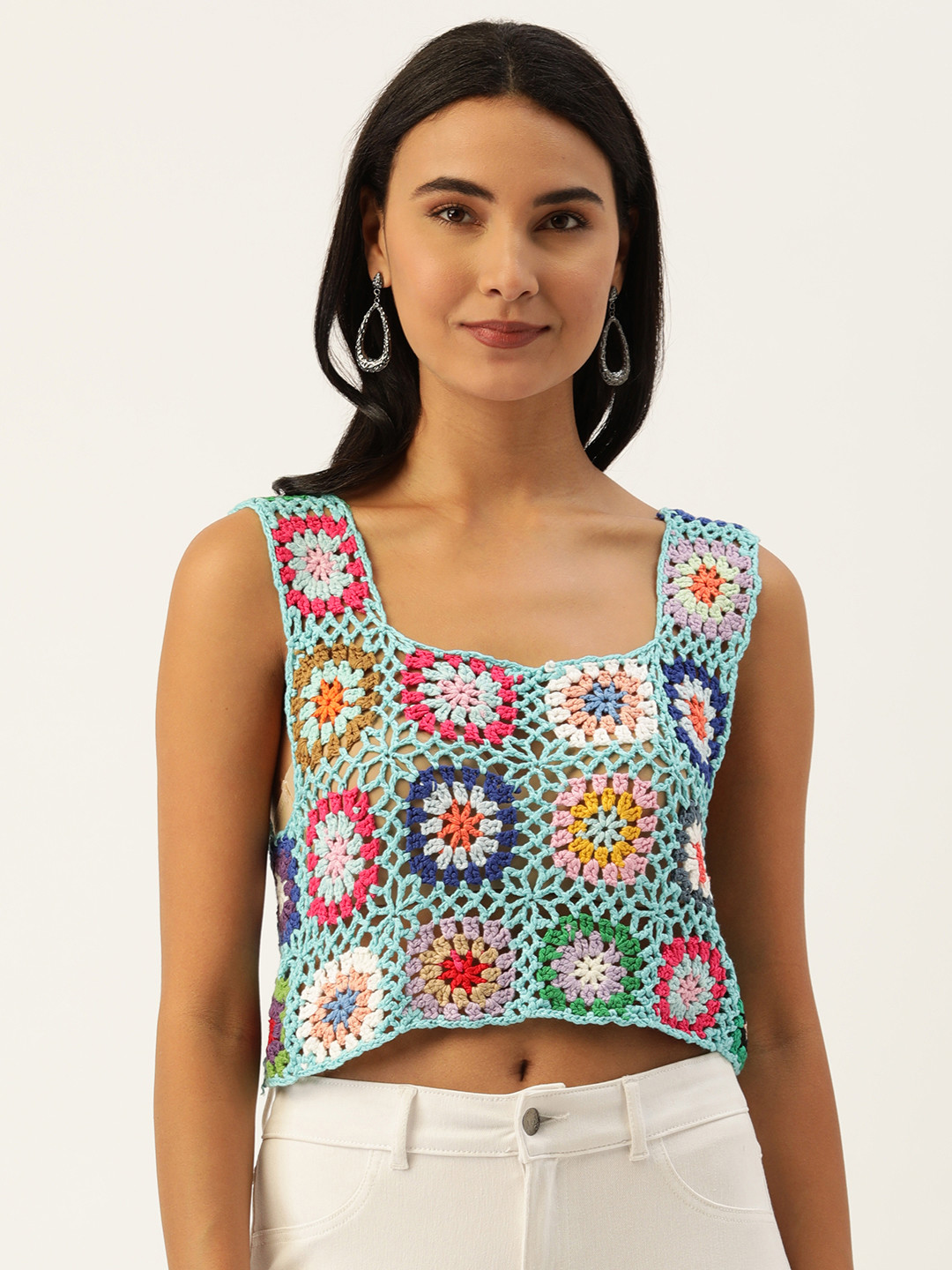 

SHECZZAR Women Blue & Pink Geometric Knitted Shirt Style Semi Sheer Crop Top