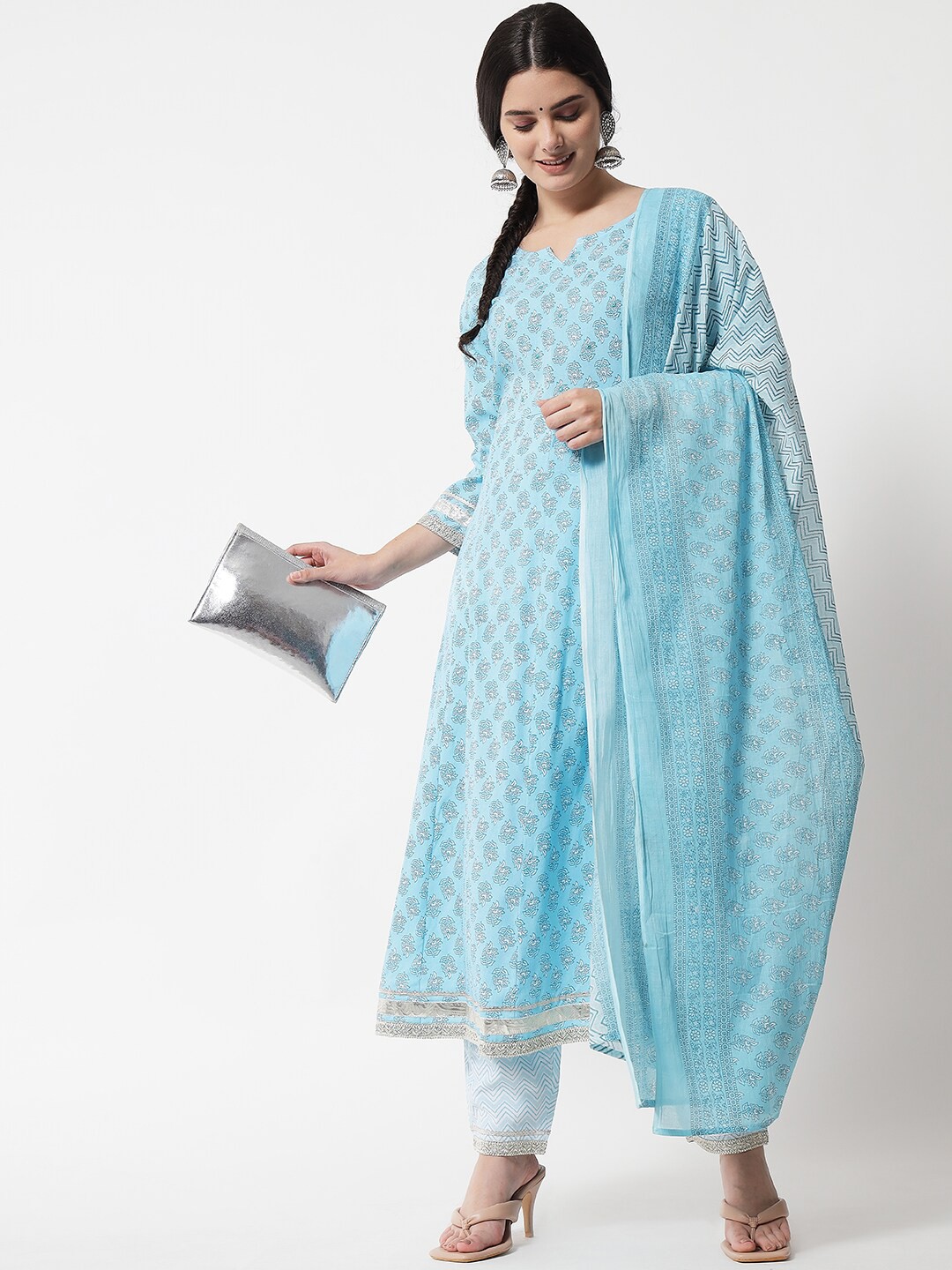 

IkDaiya Women Blue Printed Panelled Kurta with Trousers & With Dupatta