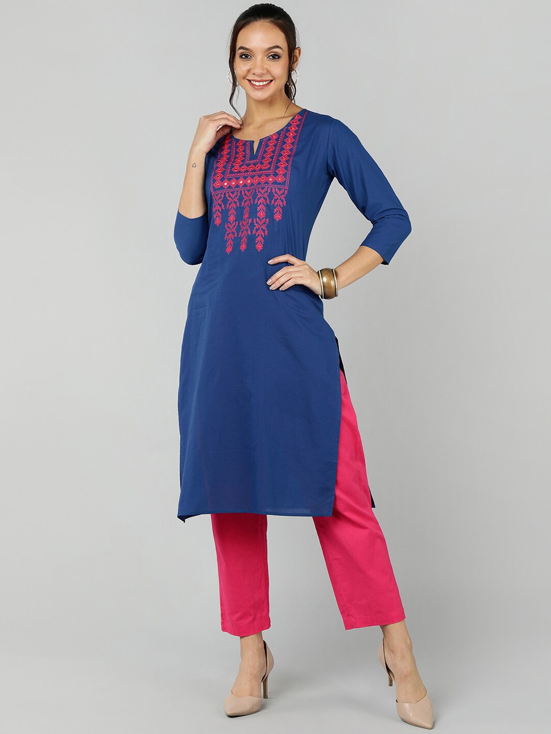 

Jaipur Folk Women Blue Geometric Yoke Design Thread Work Kurta
