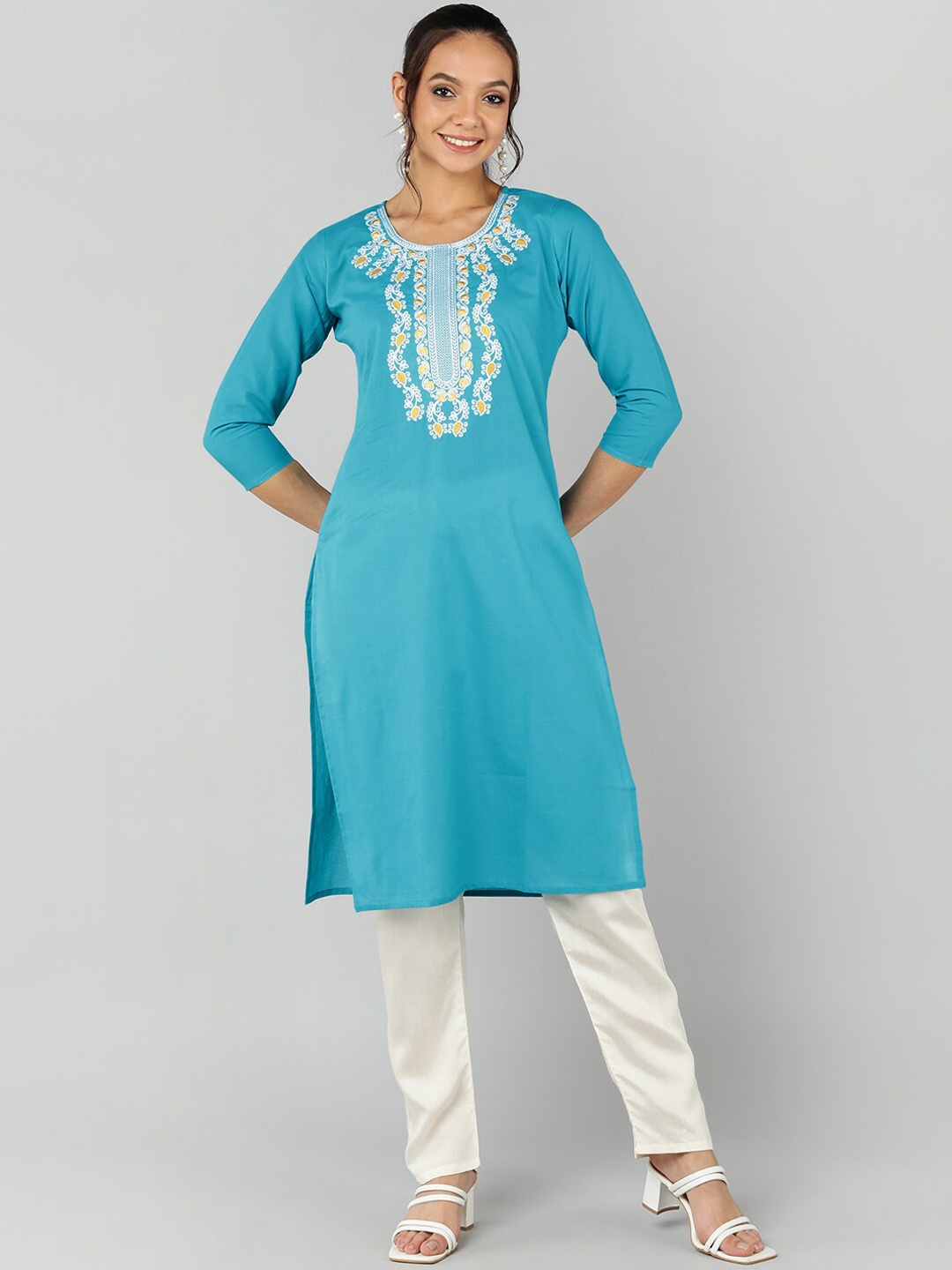 

Jaipur Folk Women Turquoise Blue Yoke Design Kurta