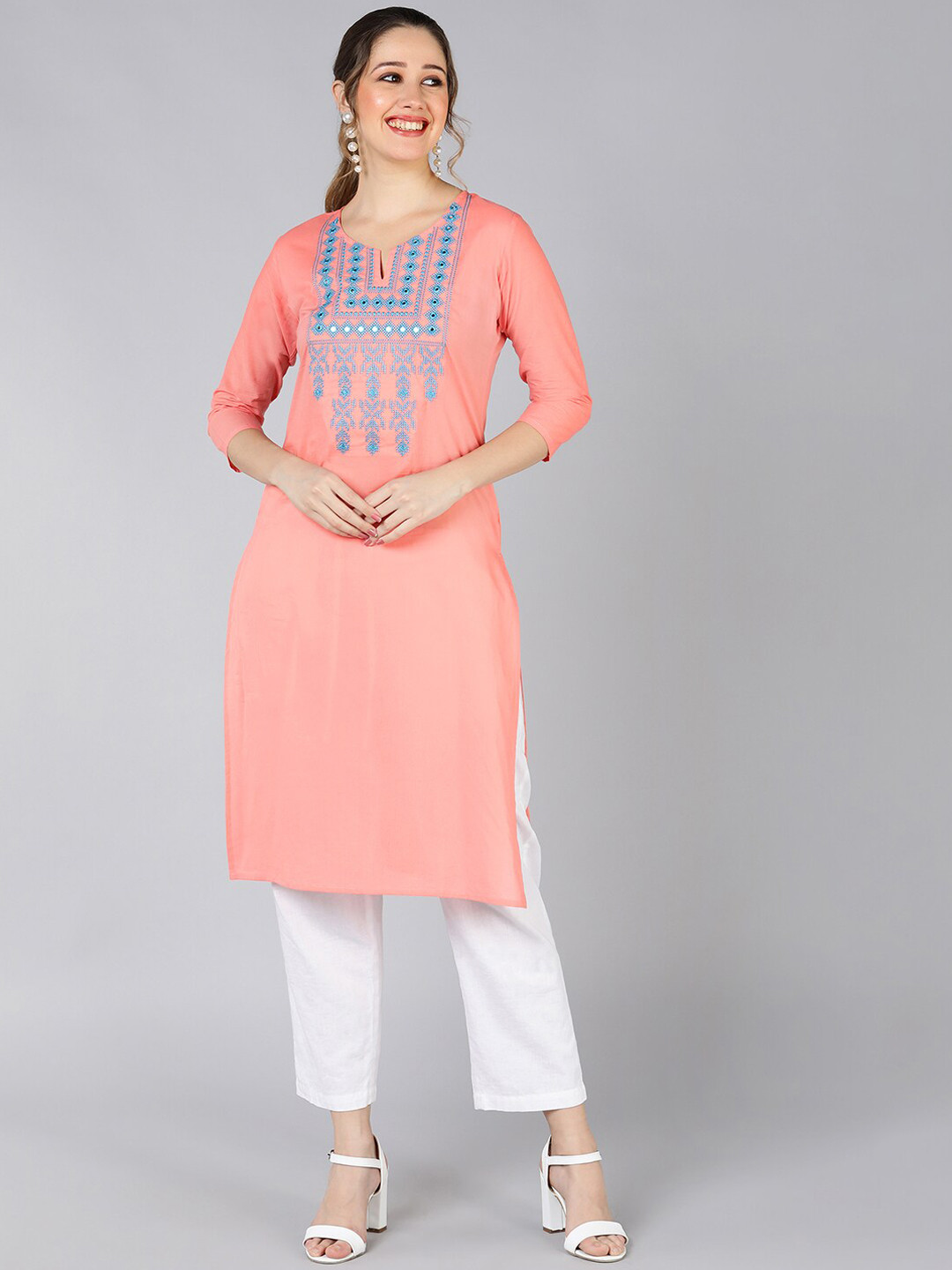 

Jaipur Folk Women Peach-Coloured Geometric Yoke Design Mirror Work Kurta