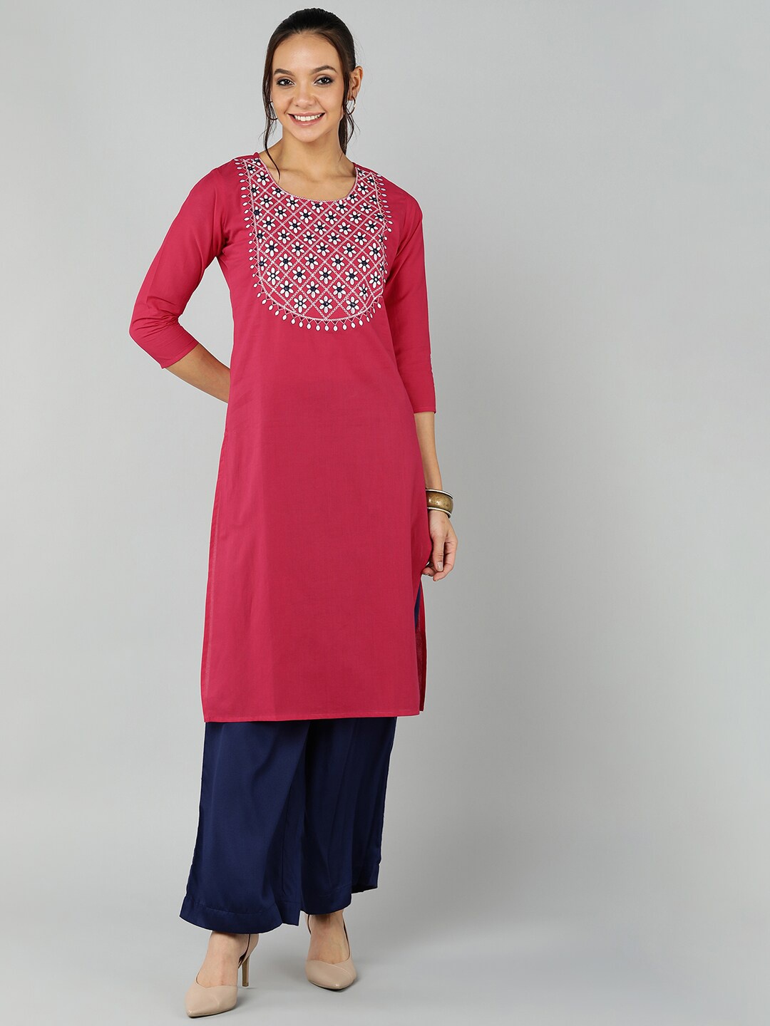 

Jaipur Folk Women Pink Ethnic Motifs Yoke Design Keyhole Neck Thread Work Kurta