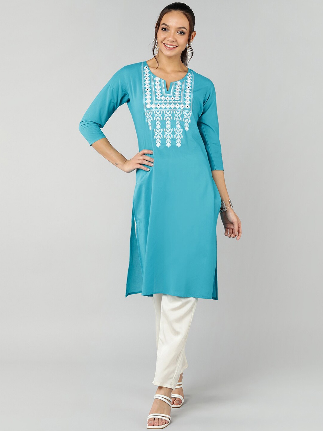 

Jaipur Folk Women Turquoise Blue Ethnic Motifs Yoke Design Keyhole Neck Kurta