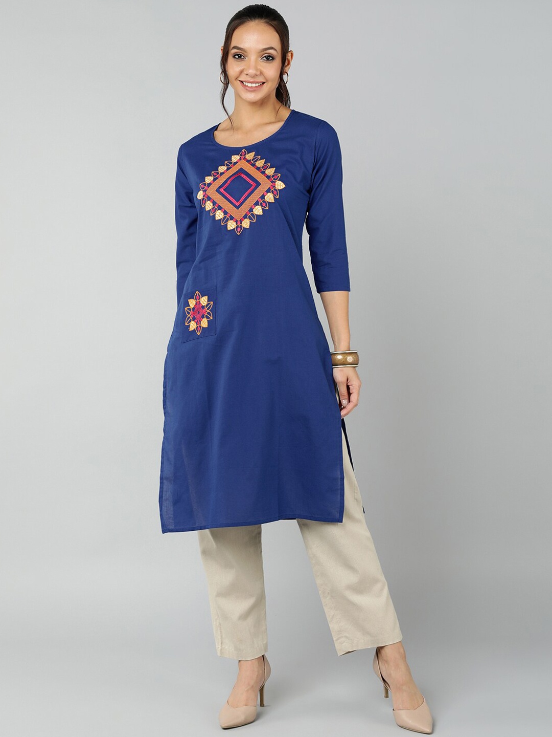 

Jaipur Folk Women Blue Geometric Embroidered Kurta