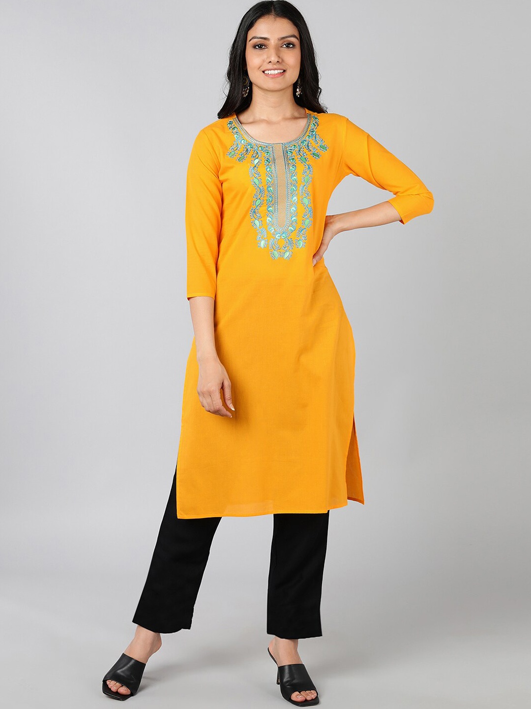 

Jaipur Folk Women Yellow Paisley Embroidered Kurta