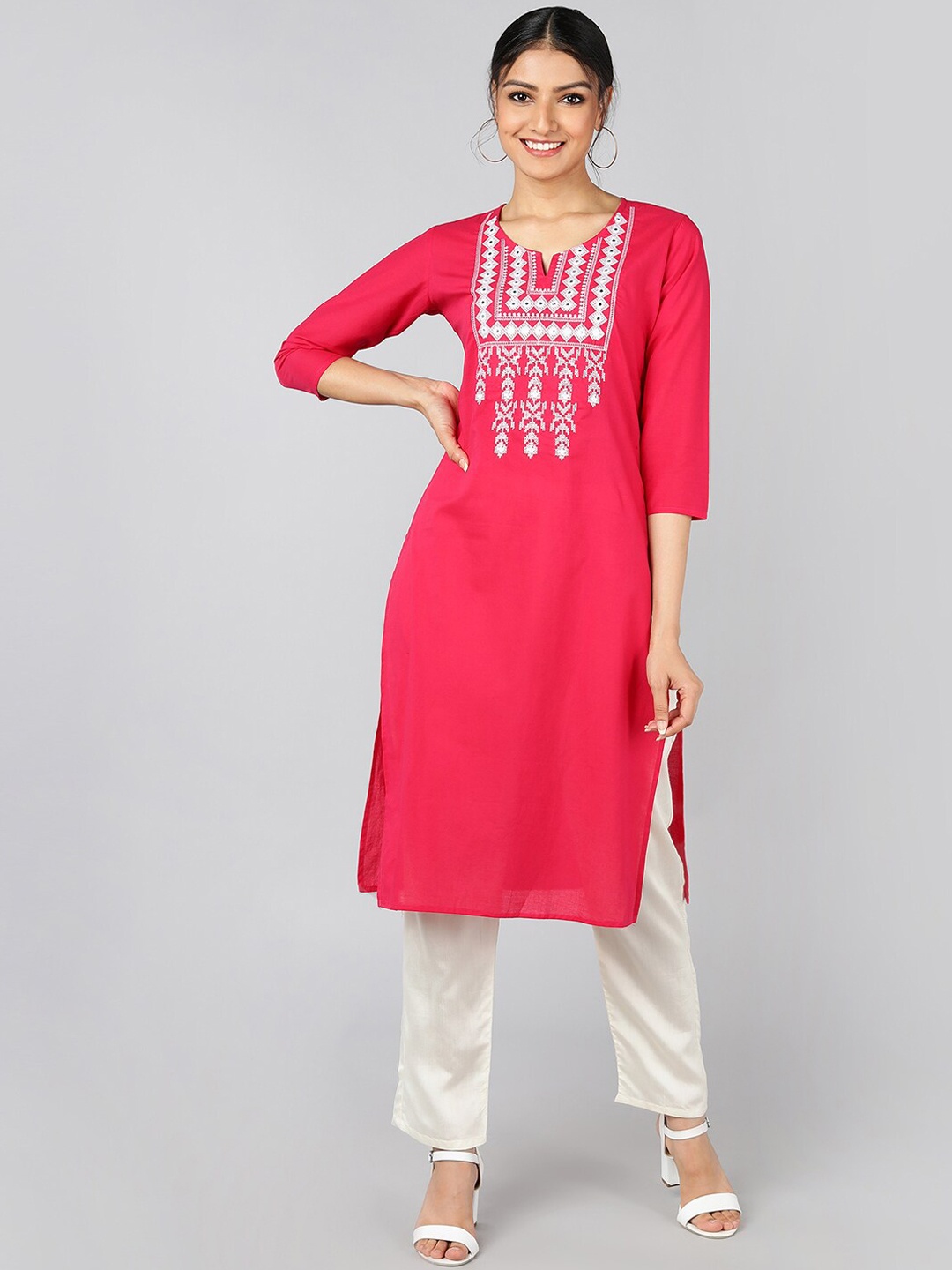 

Jaipur Folk Women Pink Ethnic Motifs Yoke Design Keyhole Neck Kurta