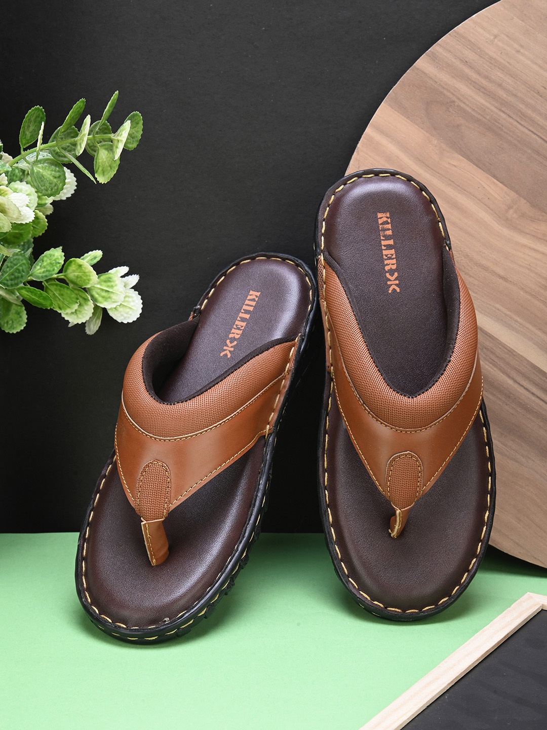 

Killer Men Tan Solid Leather Casual Slip On Flip Flops