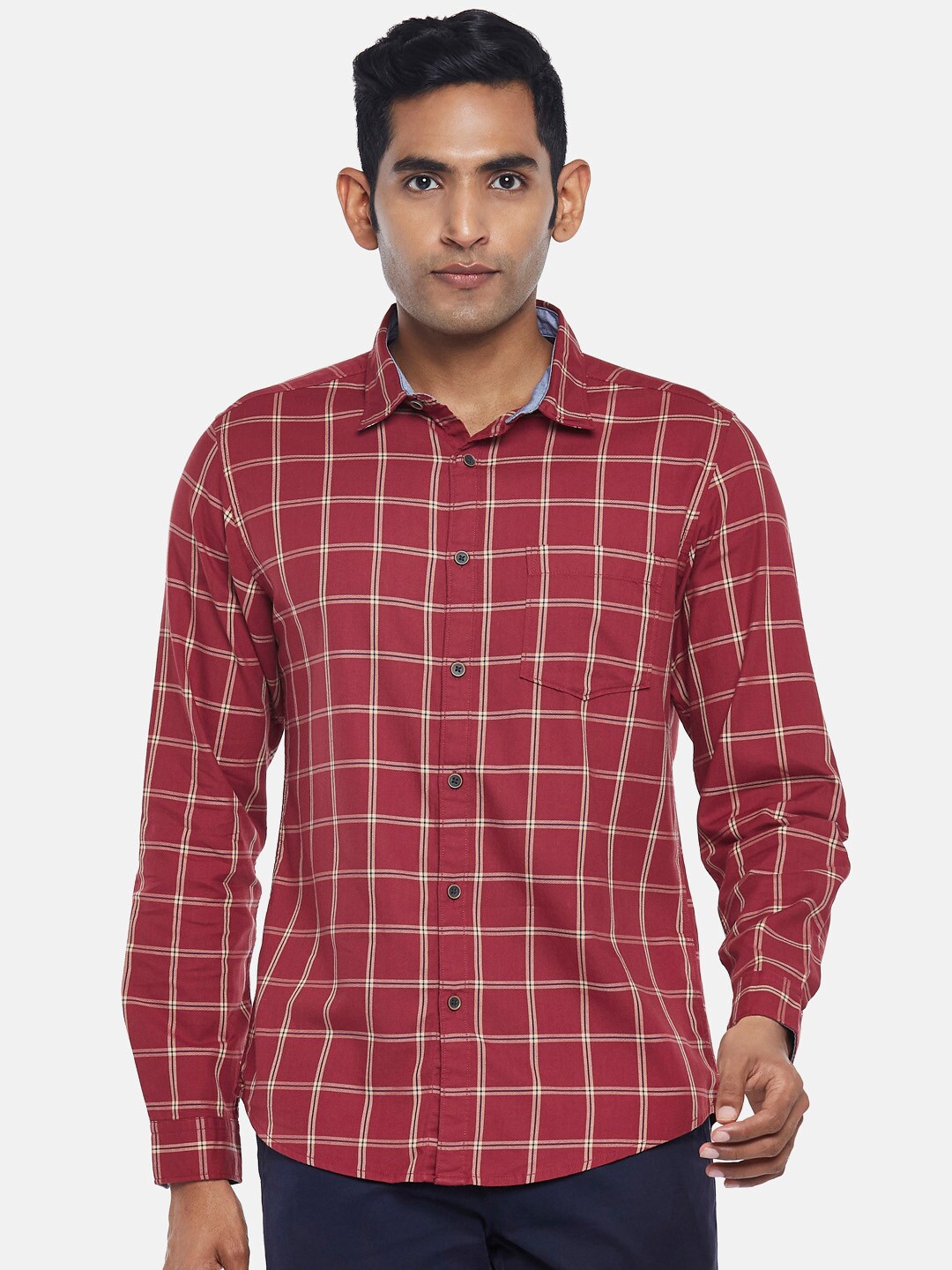 

BYFORD by Pantaloons Men Maroon Slim Fit Windowpane Checks Checked Casual Shirt