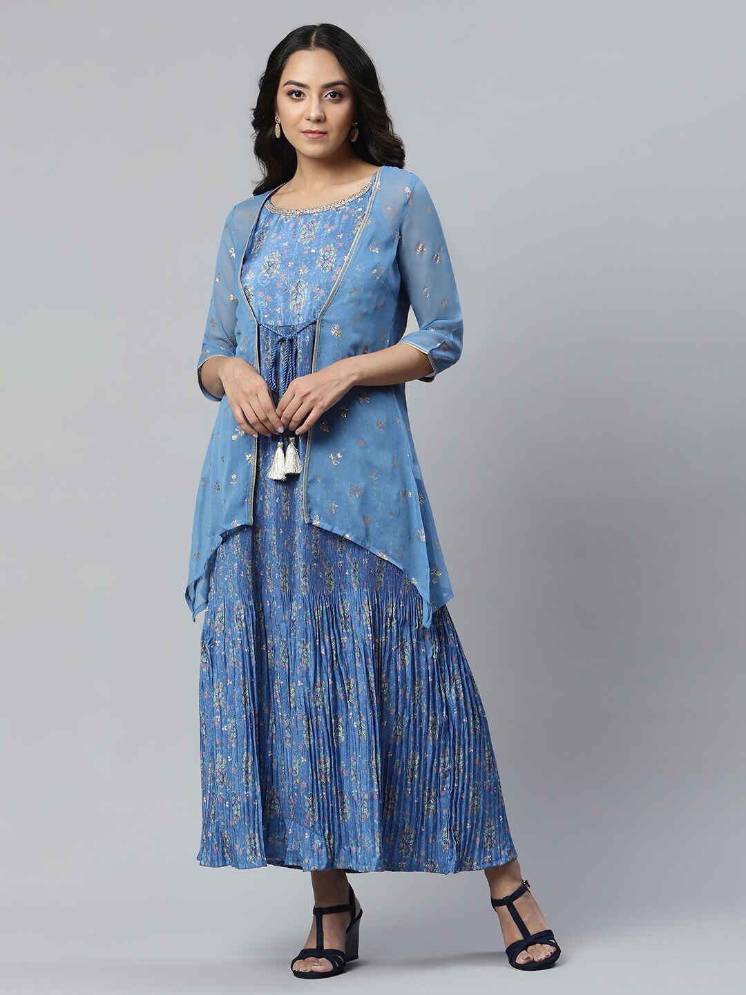 

AURELIA Blue Ethnic Motifs Printed Layered Maxi Dress