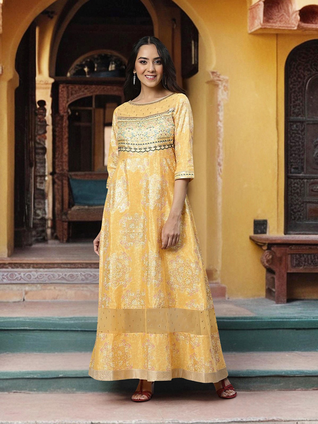 

AURELIA Yellow Ethnic Motifs Satin Maxi Dress