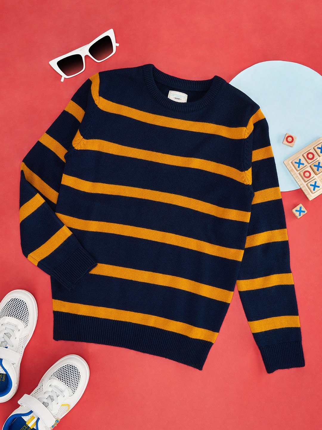 

Pantaloons Junior Boys Yellow & Blue Striped Colourblocked Pullover