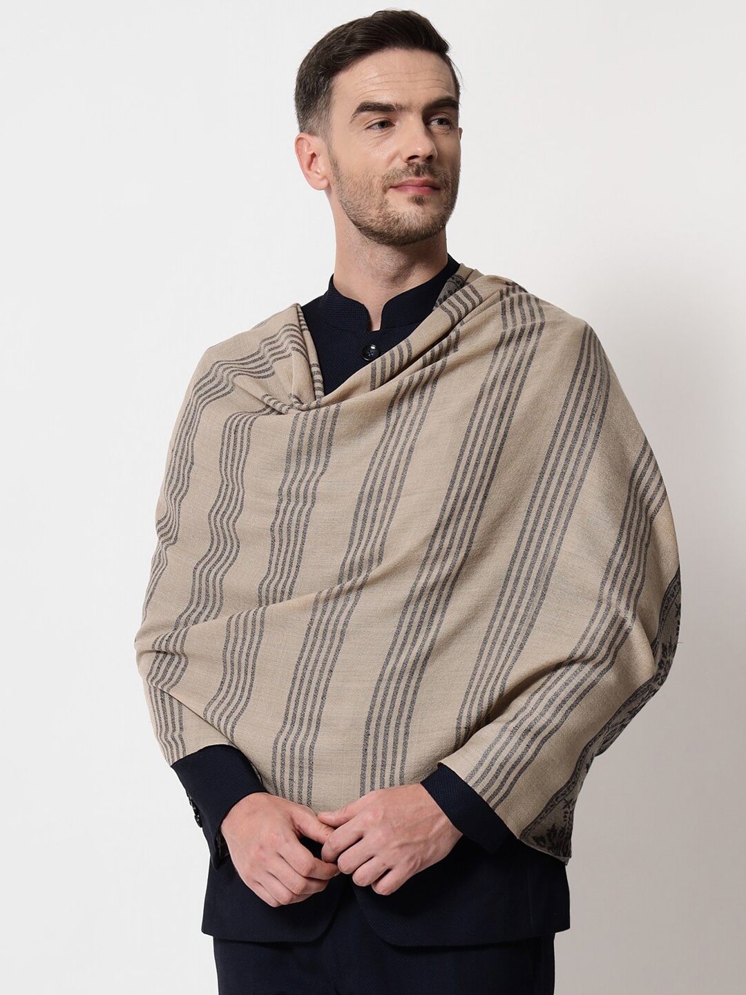 

Pashtush Men Beige & Black Woven Design Stole