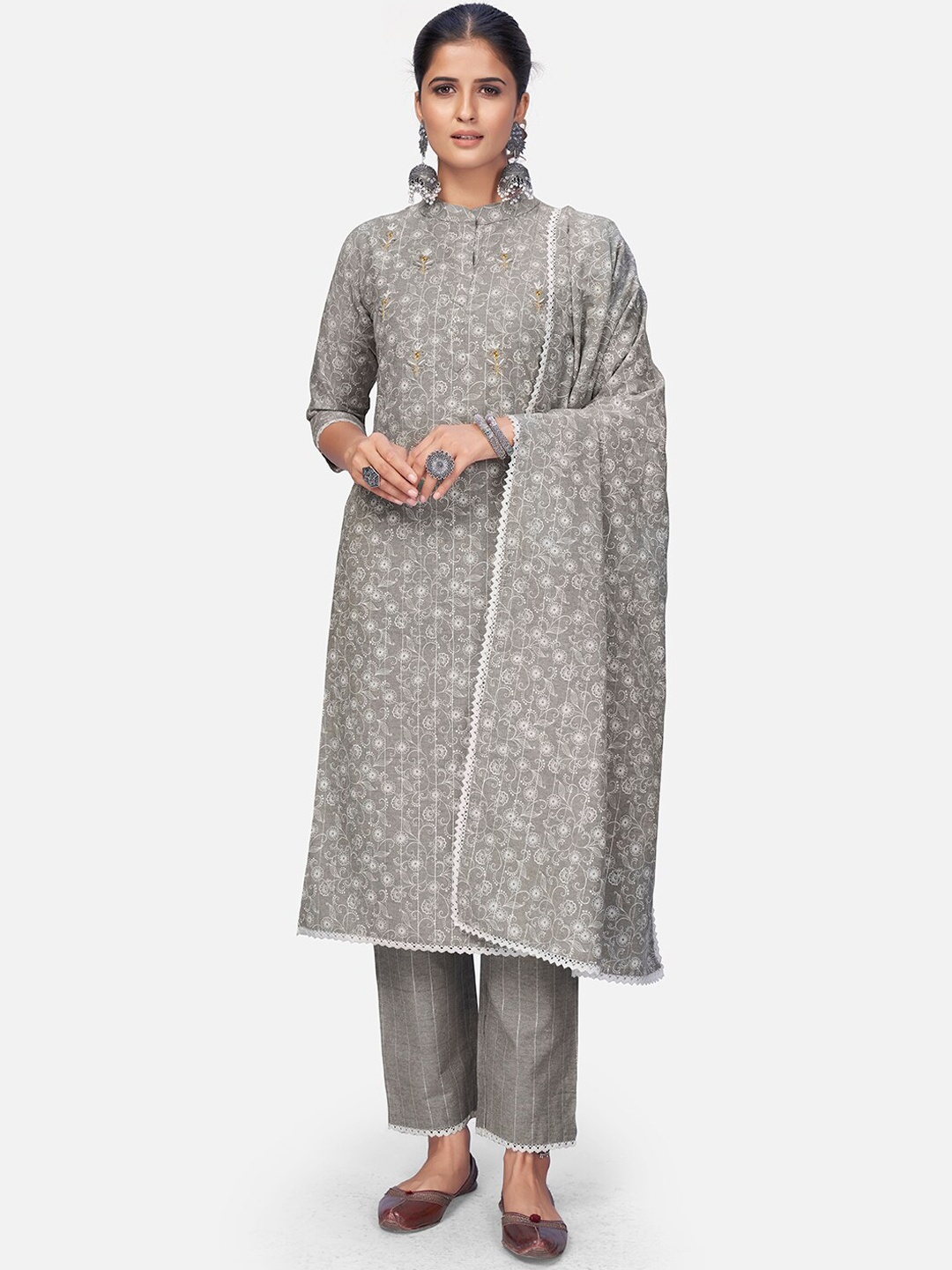 

Vbuyz Women Grey Printed Cotton Blend Kurti with Trousers & Dupatta