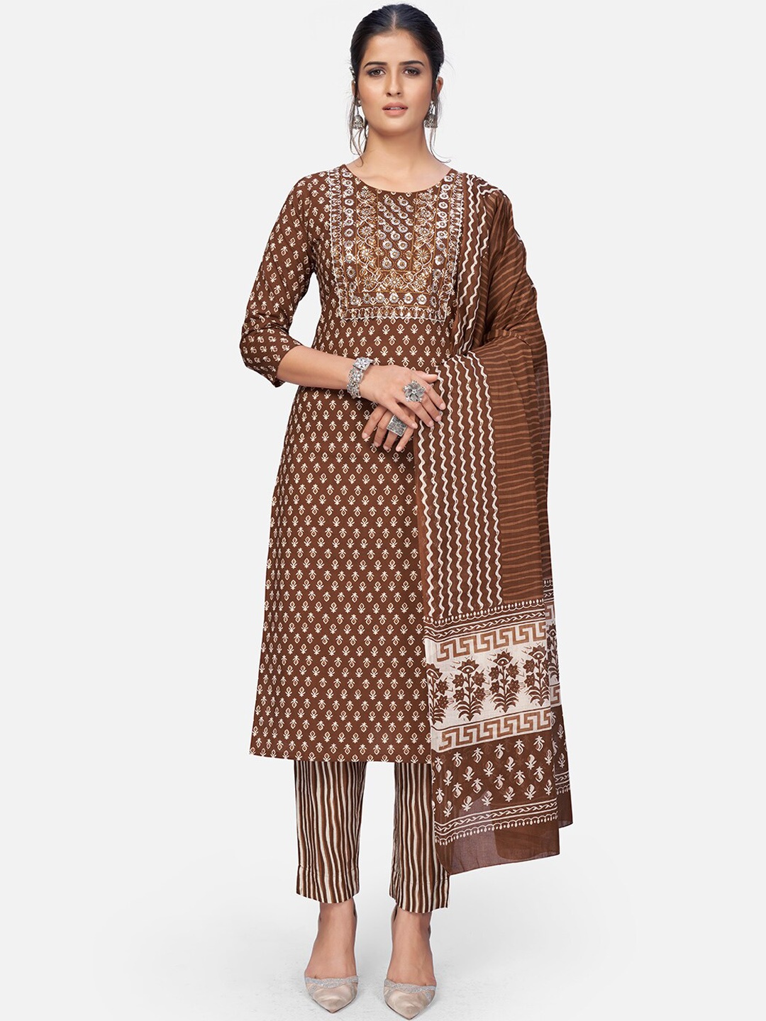 

Vbuyz Women Brown Ethnic Motifs Printed Mirror Work Pure Cotton Kurta with Trousers & With Dupatta