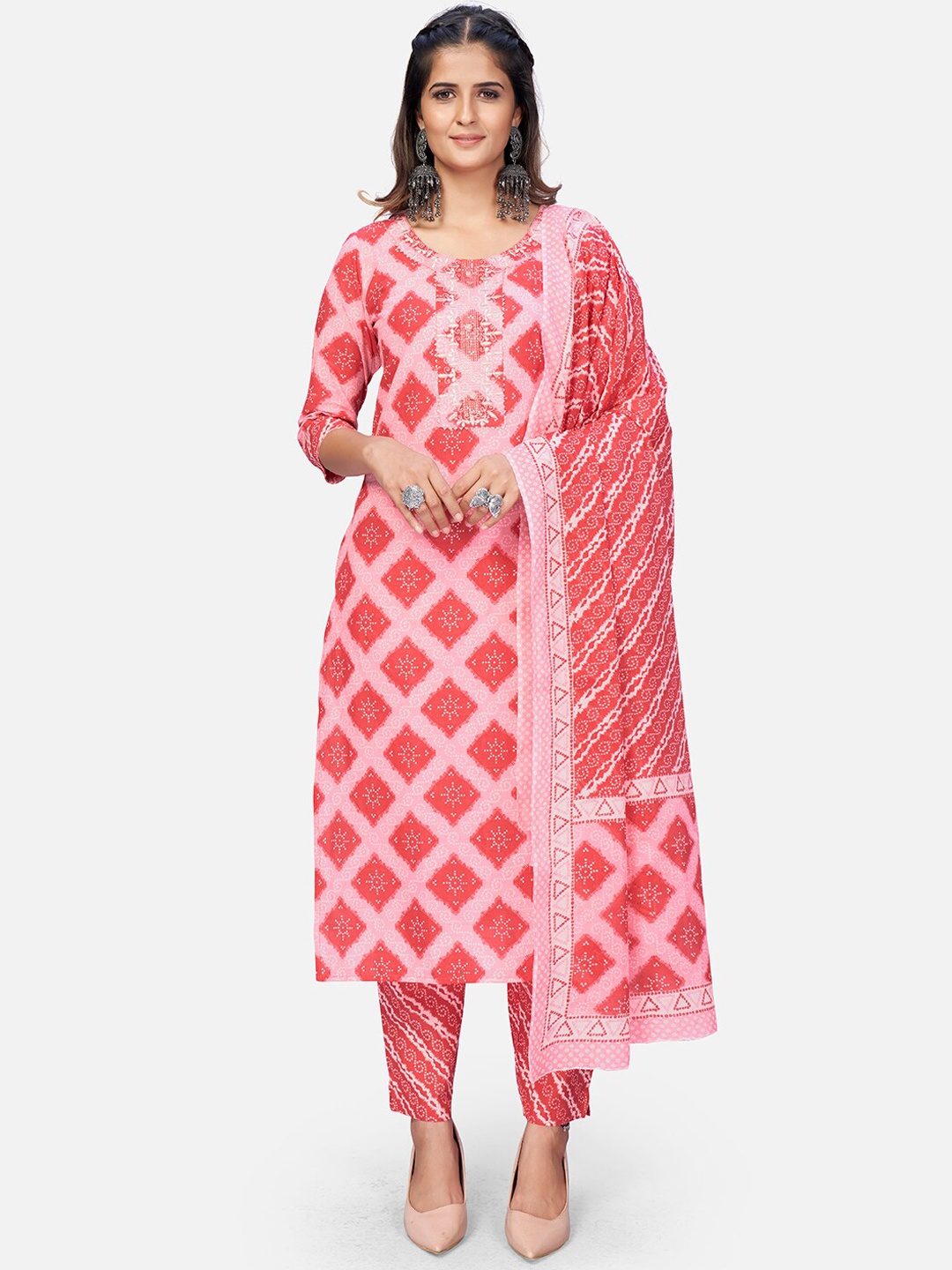 

Vbuyz Women Pink Ethnic Motifs Printed Pure Cotton Kurta with Trousers & Dupatta