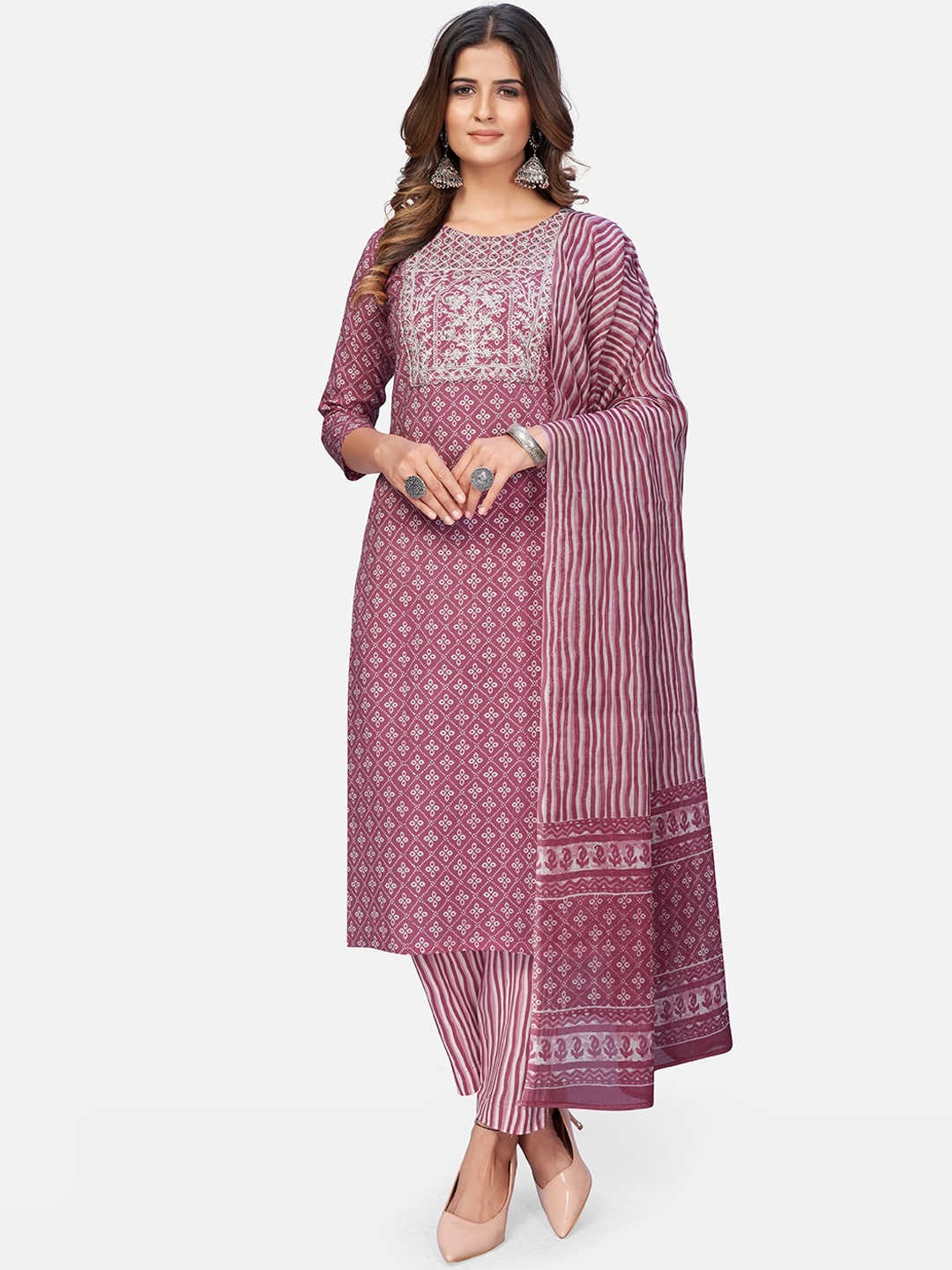 

Vbuyz Women Mauve Ethnic Motifs Printed Sequinned Pure Cotton Kurta with Trousers & With Dupatta