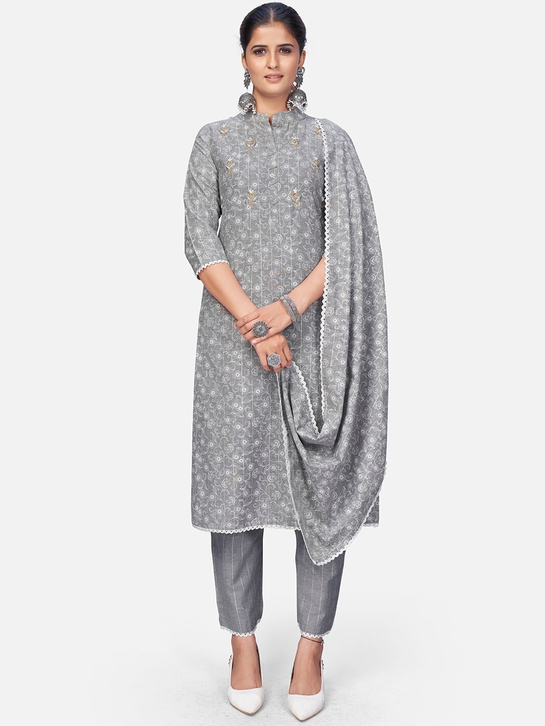 

Vbuyz Women Grey Melange Floral Printed Beads and Stones Cotton Blend Kurti with Trousers & With Dupatta