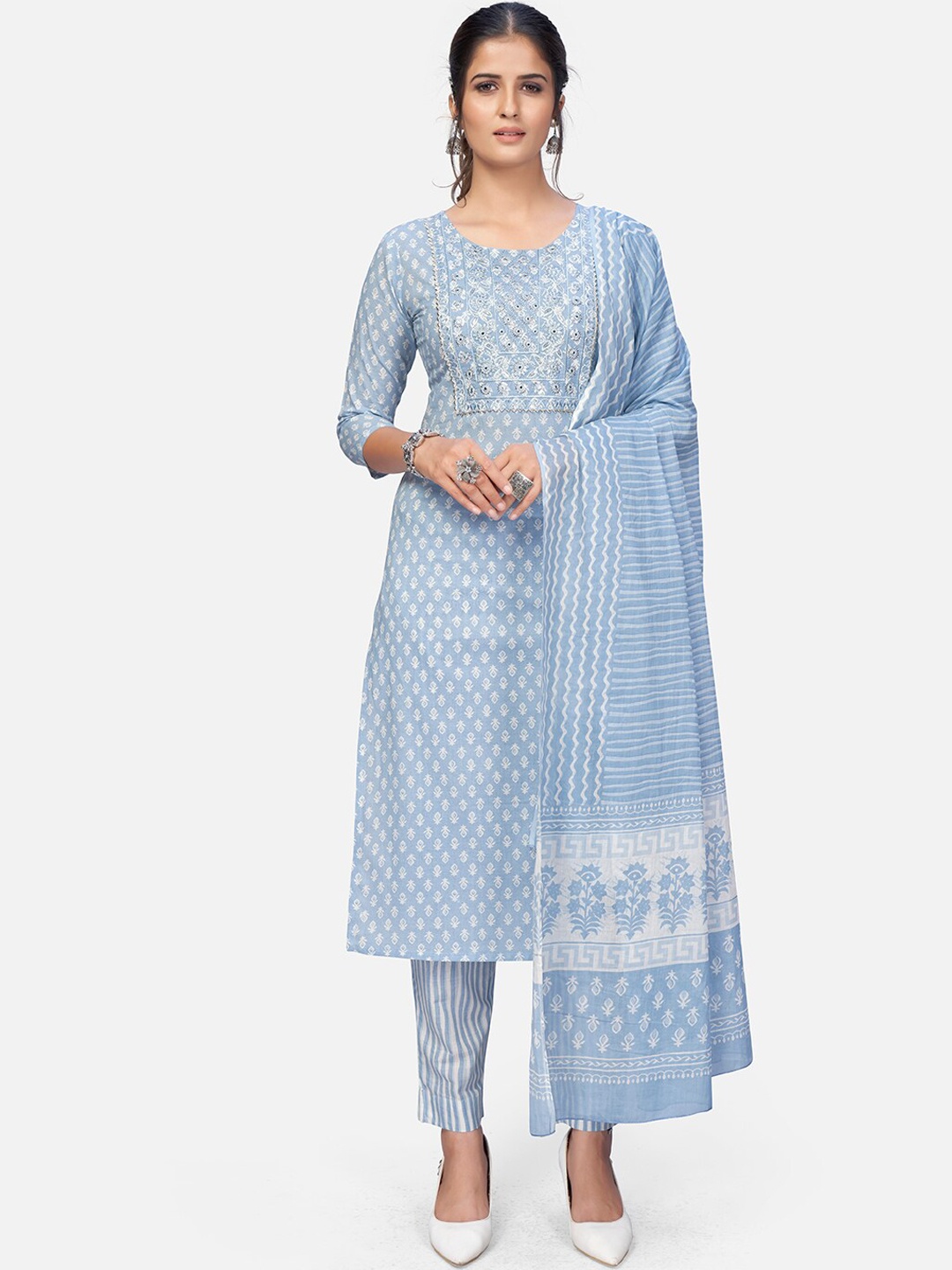 

Vbuyz Women Blue Pleated Mirror Work Pure Cotton Kurta with Trousers & With Dupatta