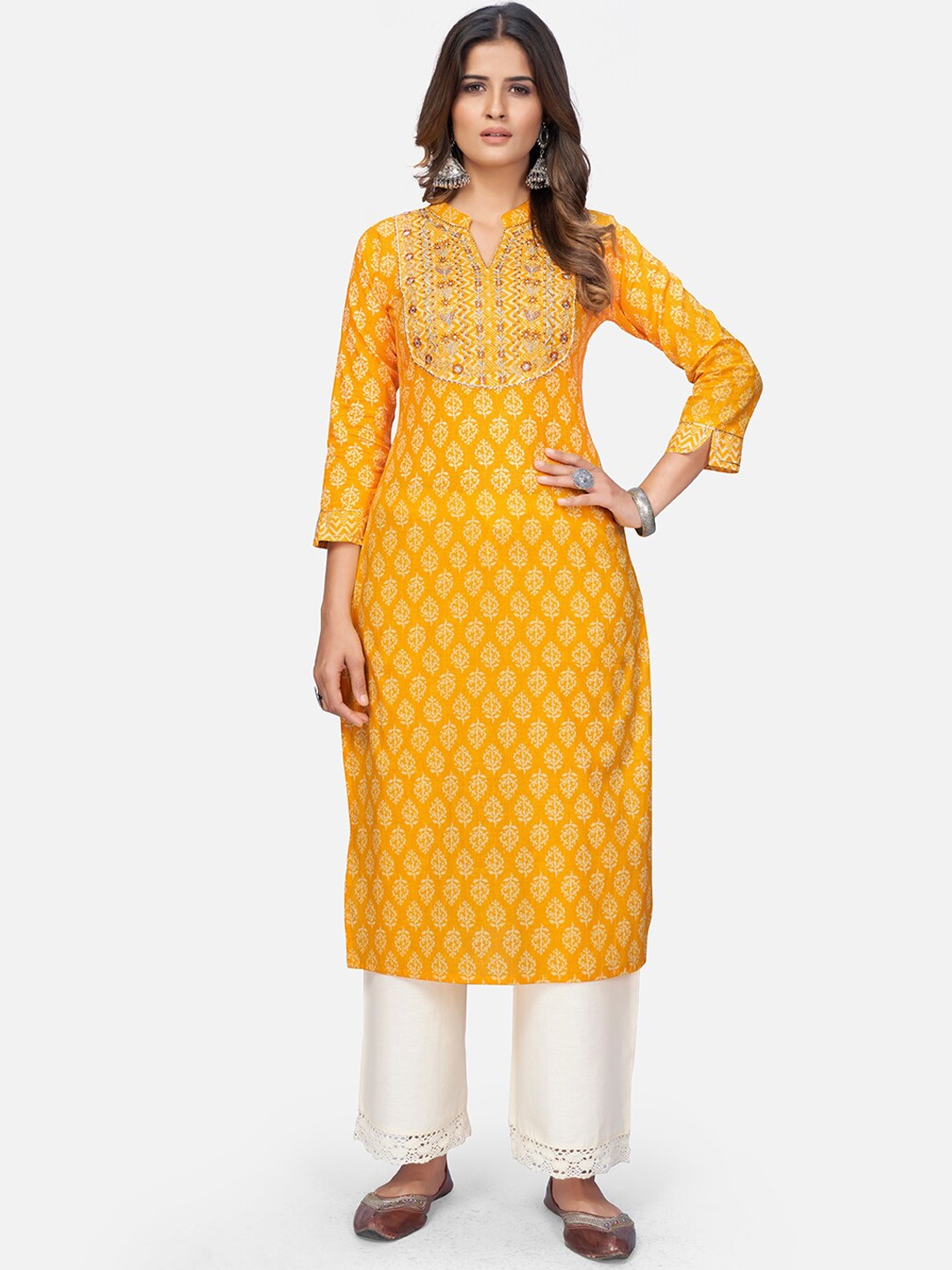 

Vbuyz Women Yellow Ethnic Motifs Printed Thread Work Kurta