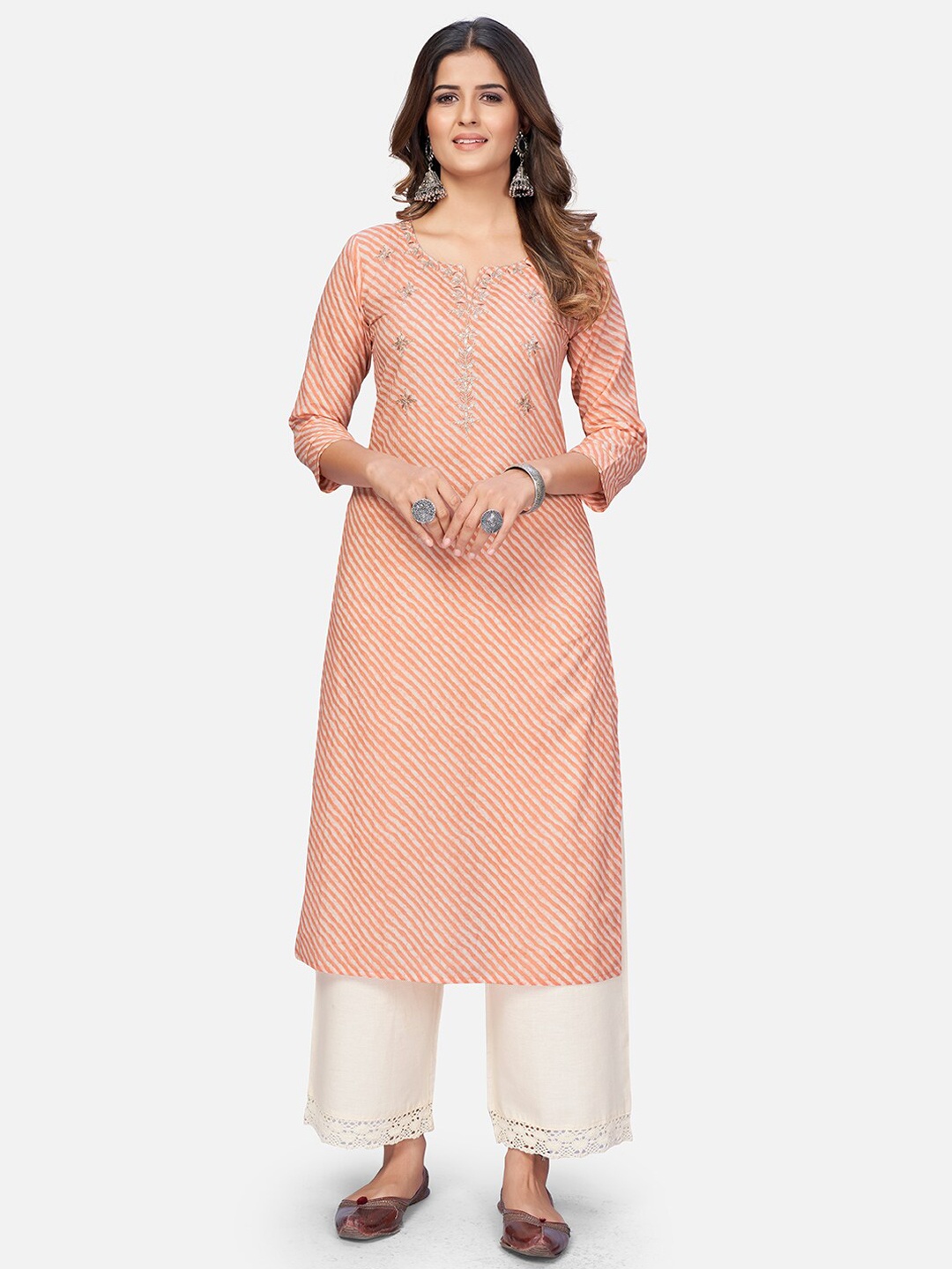 

Vbuyz Women Peach-Coloured Leheriya Printed Kurta