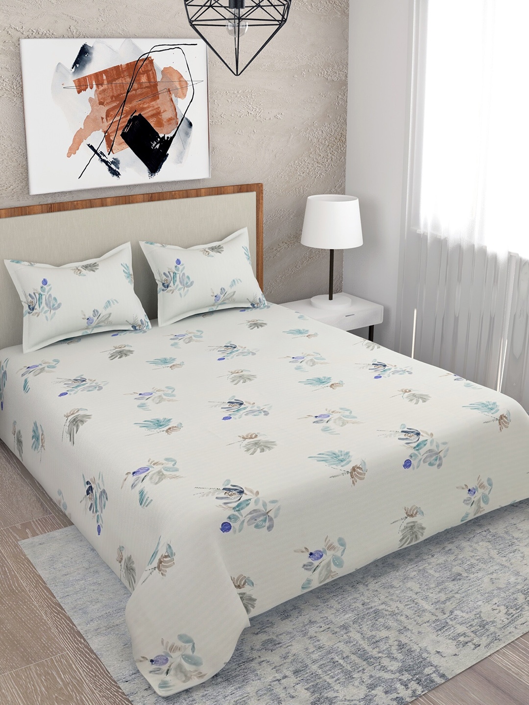 

Salona Bichona White & Blue Floral 210 TC King Cotton Bedsheet with 2 Pillow Covers