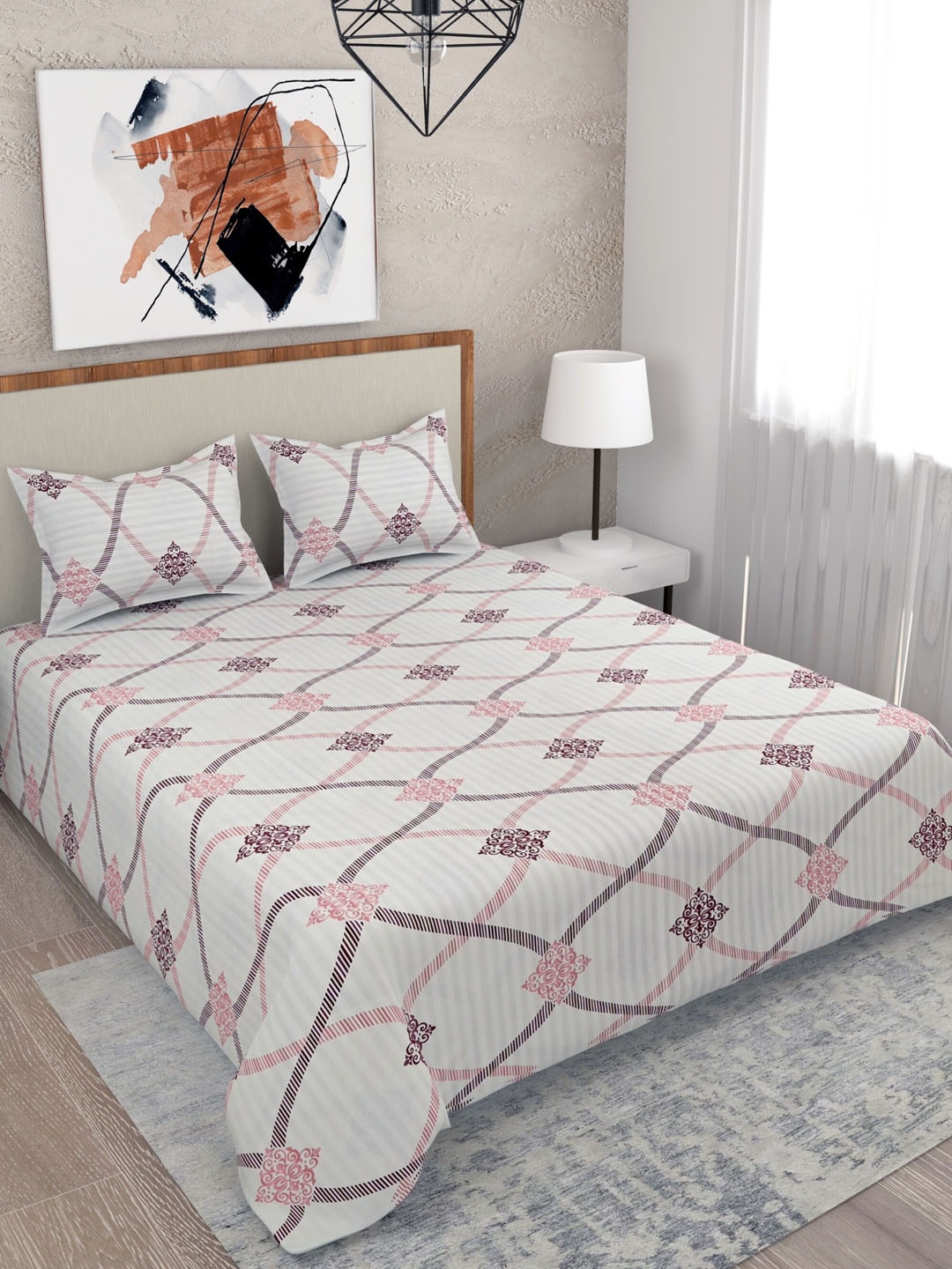 

Salona Bichona Pink & Purple Ethnic Motifs 210 TC King Cotton Bedsheet with 2Pillow Covers