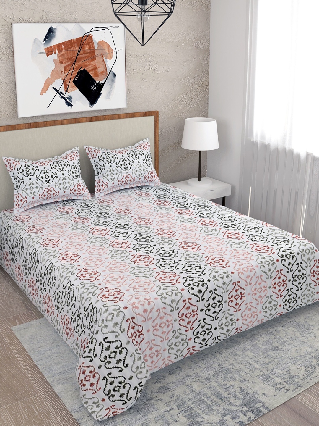 

Salona Bichona Red & White Printed 210 TC King Cotton Bedsheet with 2 Pillow Covers