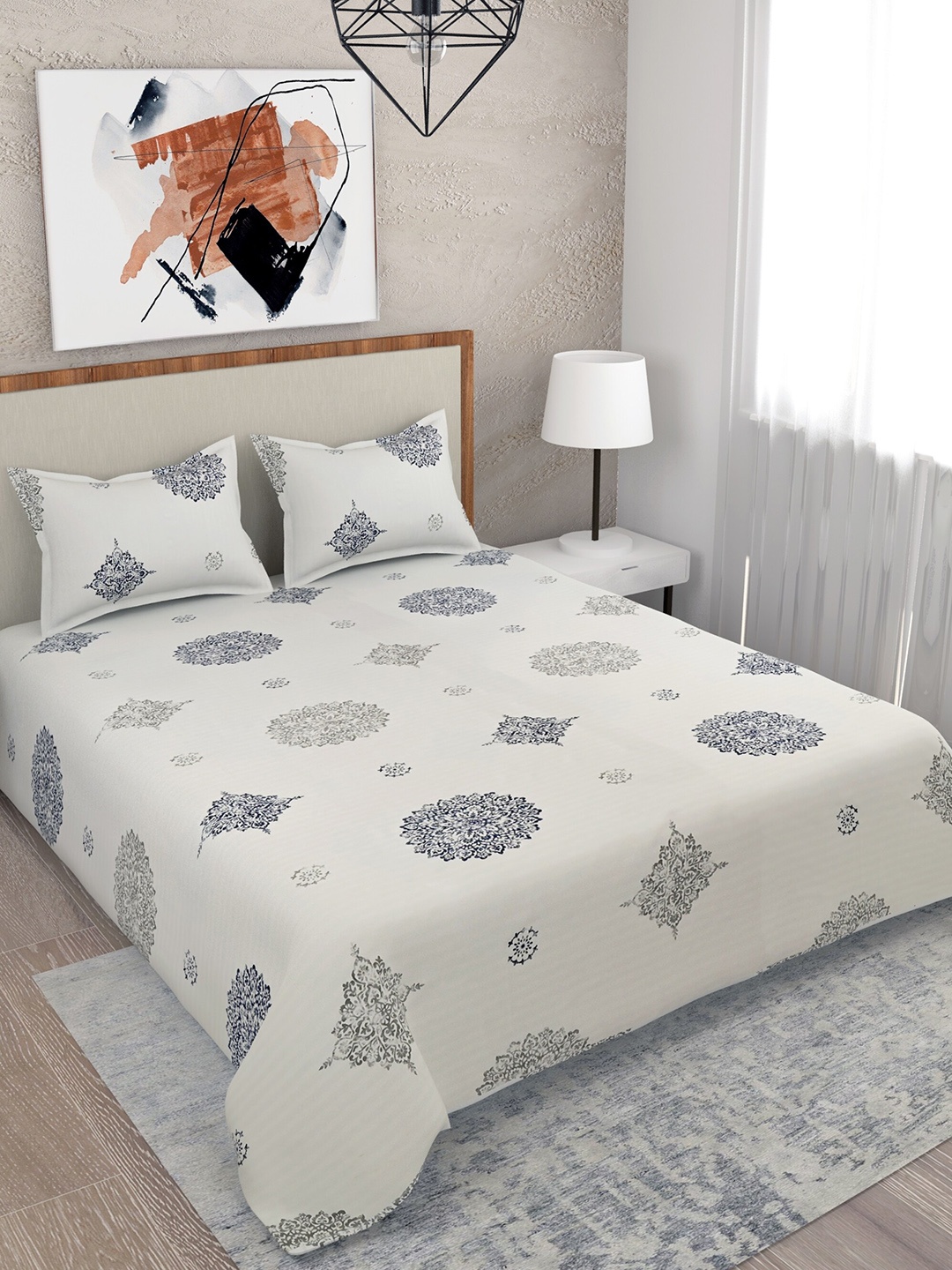 

Salona Bichona Grey 100% Cotton 210 TC King Size Bedsheet with 2 Pillow Covers Set.