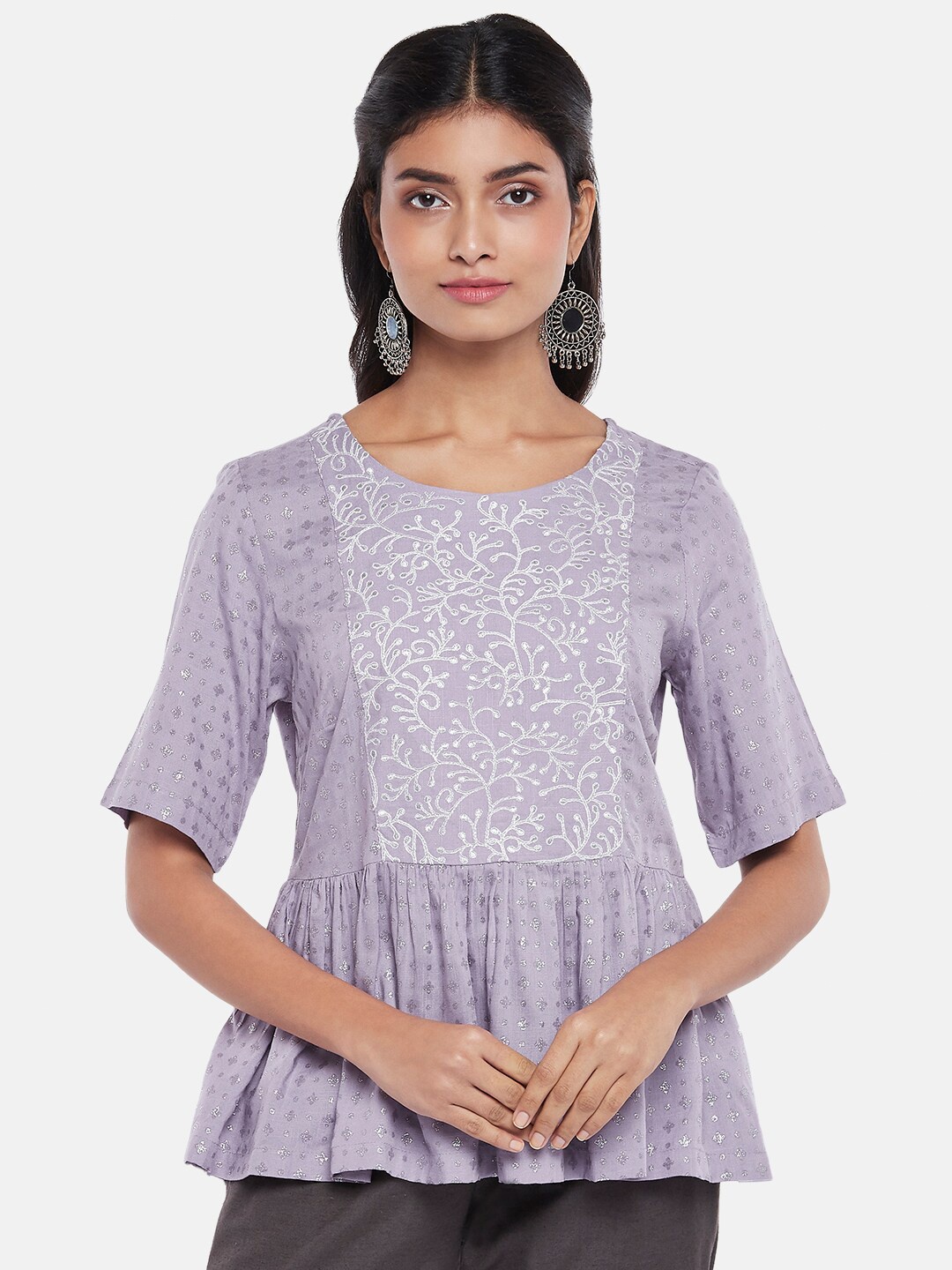 

AKKRITI BY PANTALOONS Women Purple Floral Print Peplum Top