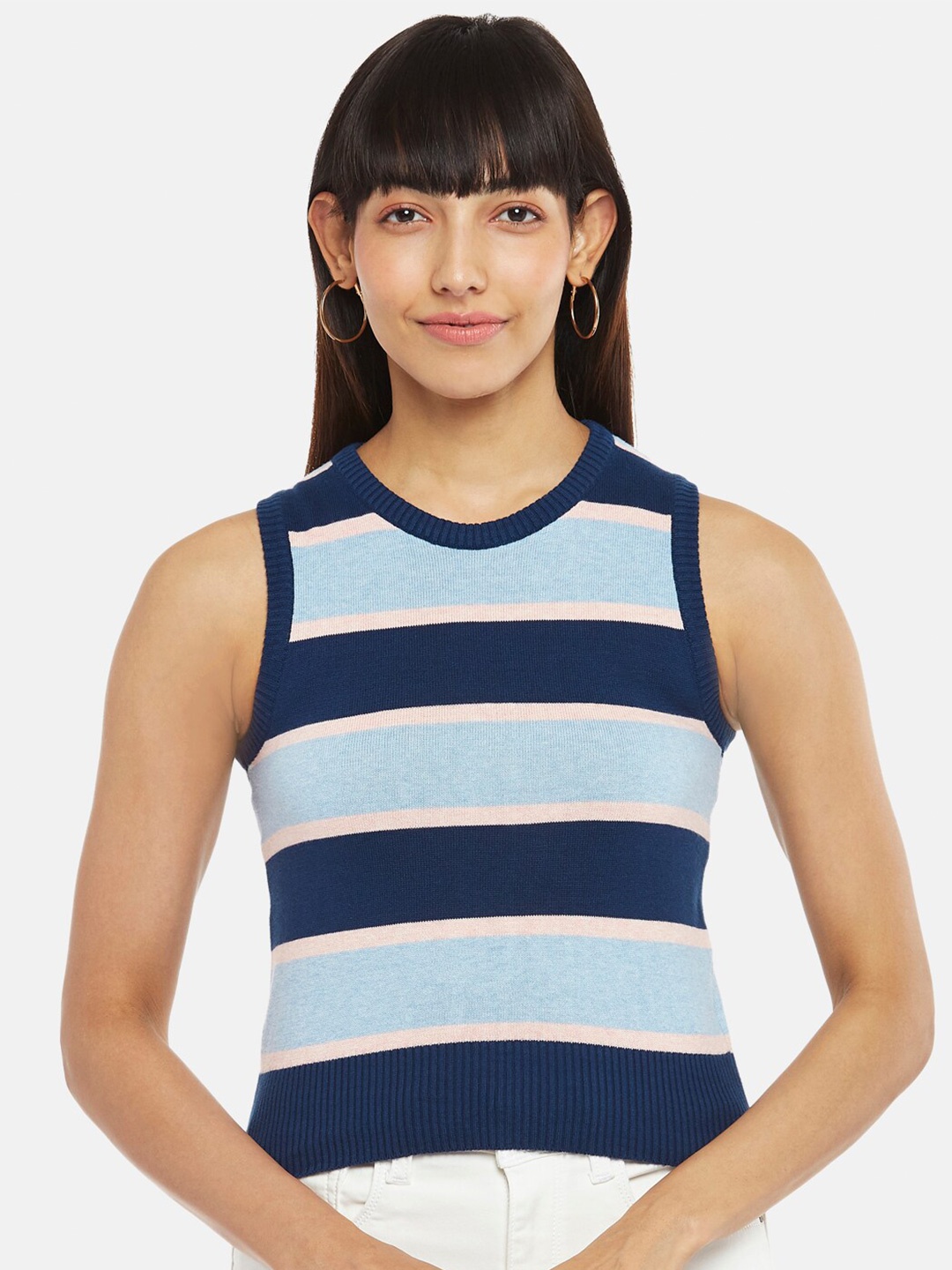 

People Women Blue & Navy Blue Striped Colourblock Top