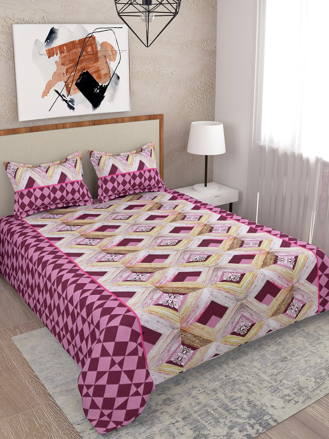 

SALONA BICHONA 100% Cotton 104 TC Double Bedsheet with 2 Pillow Covers Pink