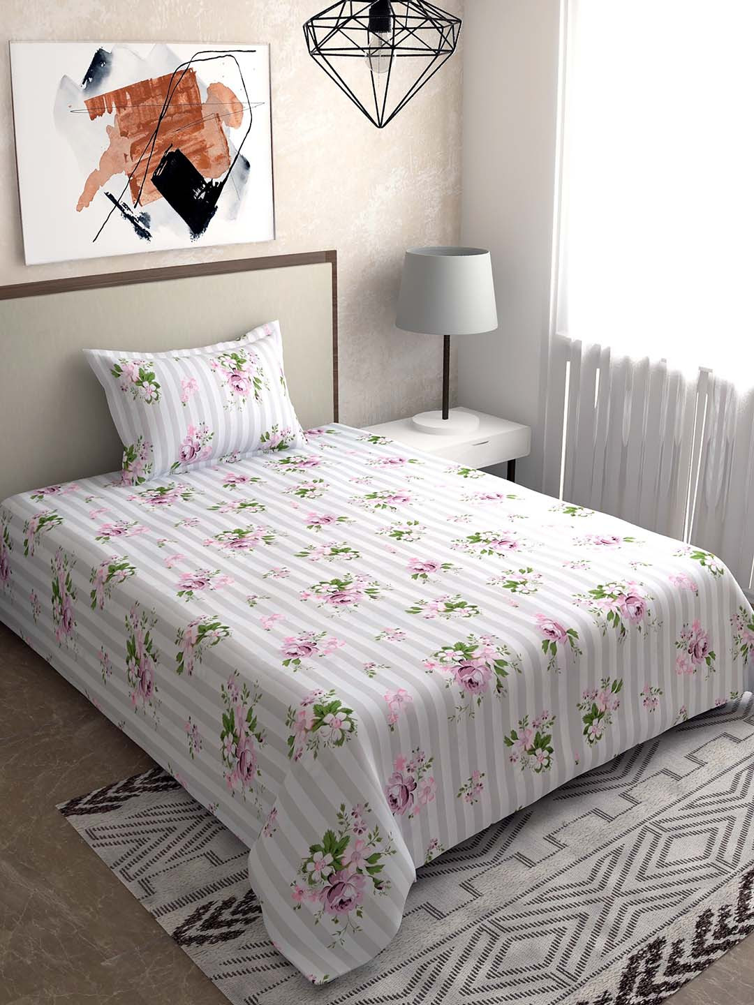

Salona Bichona 100% Cotton Printed 144 TC Single Bedsheet with 1 Pillow Cover Grey, Pink