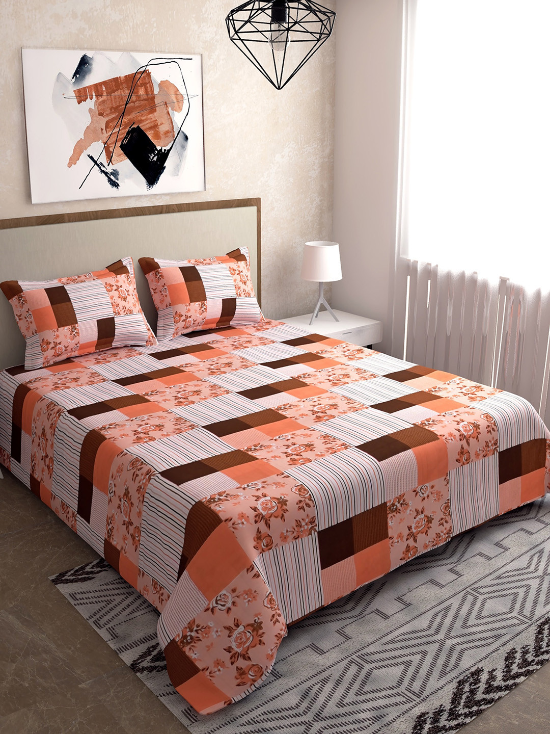 

SALONA BICHONA Coral 100% Cotton 104 TC Double Bedsheet with 2 Pillow Covers