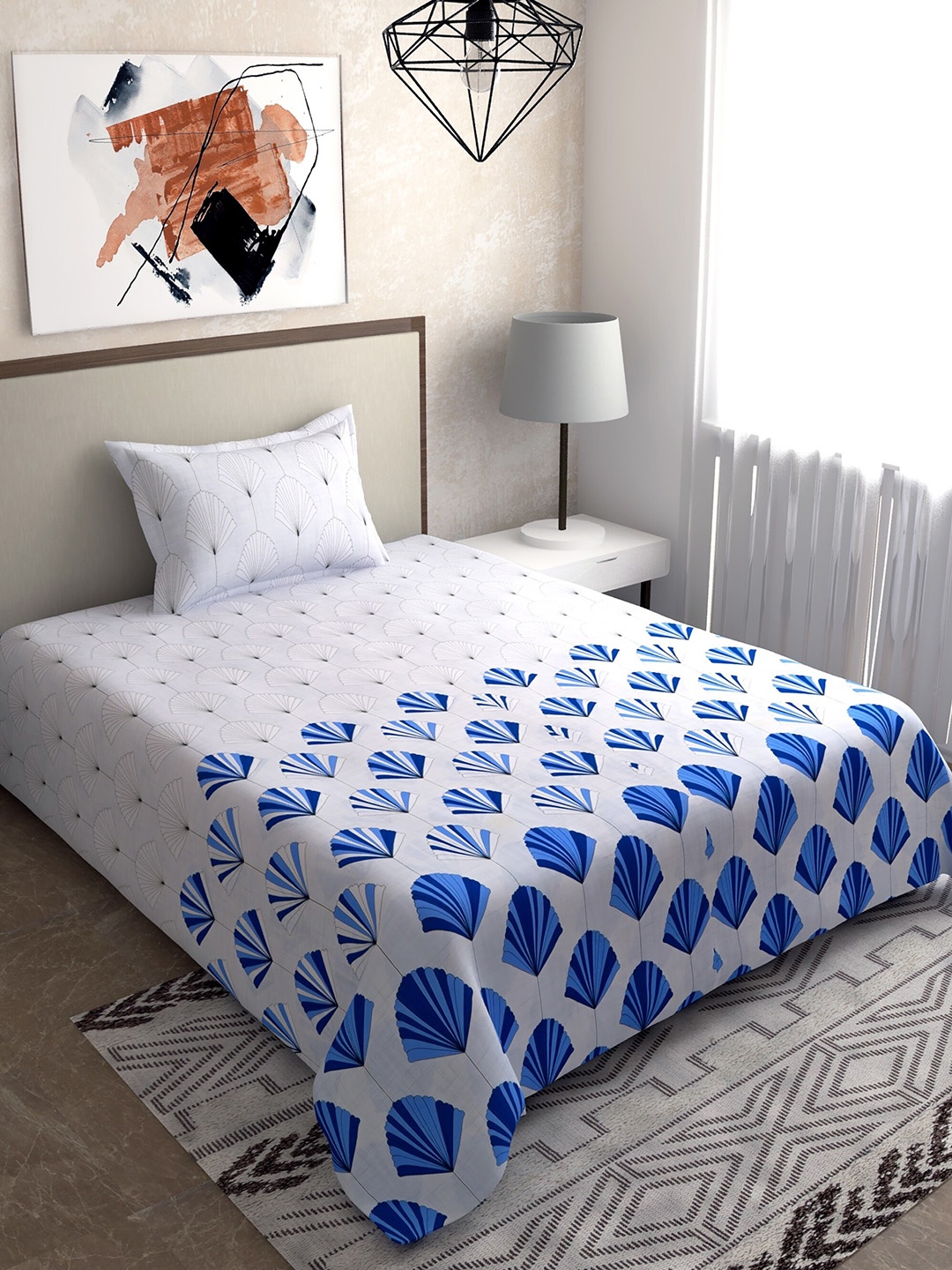 

Salona Bichona White& Blue 100% Cotton Printed 144 TC Single Bedsheet with 1 Pillow Cover