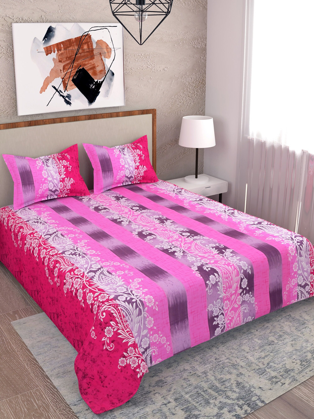 

SALONA BICHONA Pink 100% Cotton 104 TC Double Bedsheet with 2 Pillow Covers